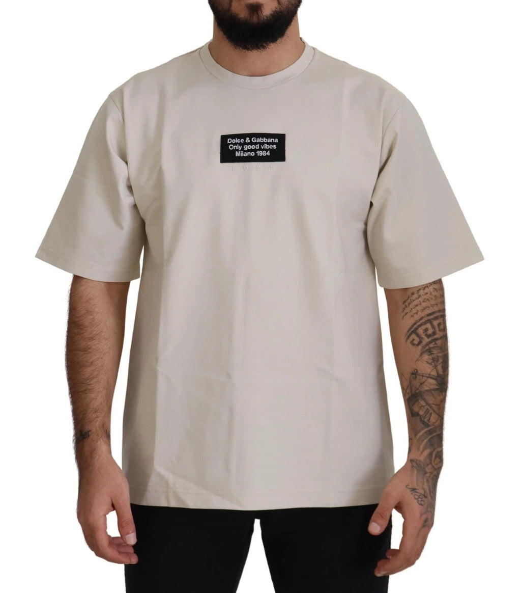 Dolce & Gabbana Elfenbeinfarbene Baumwolle Elfenbeinfarbener bedruckter Rundhalsausschnitt