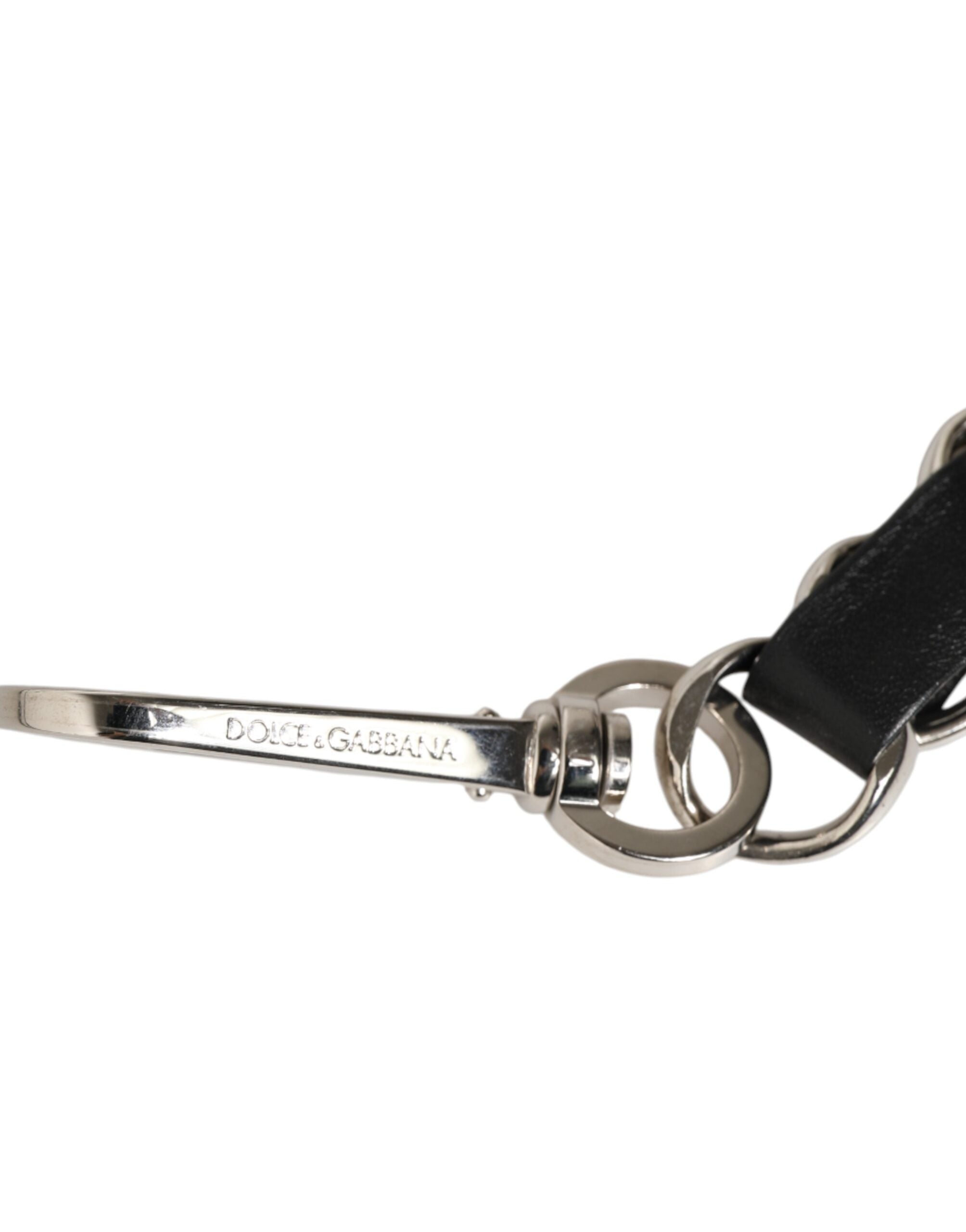 Dolce & Gabbana Schwarzes Leder Silber Kette Tasche Accessoire Schulterriemen