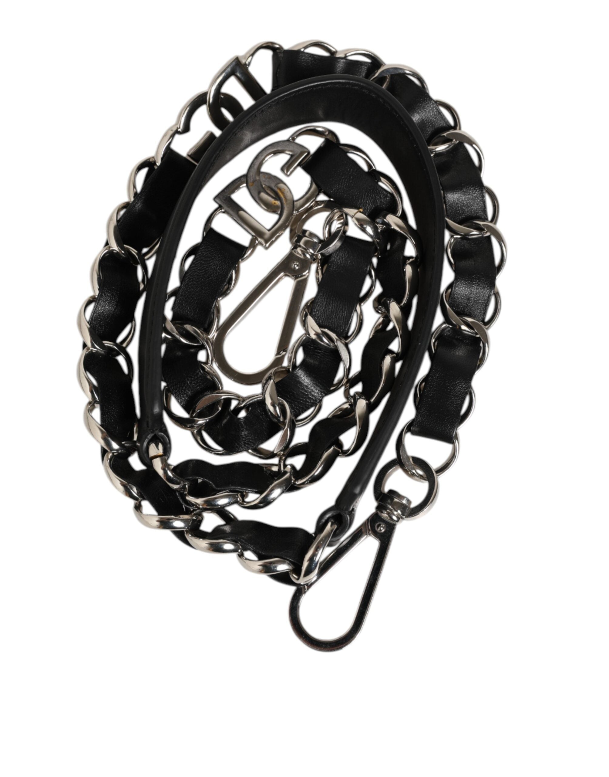 Dolce & Gabbana Schwarzes Leder Silber Kette Tasche Accessoire Schulterriemen