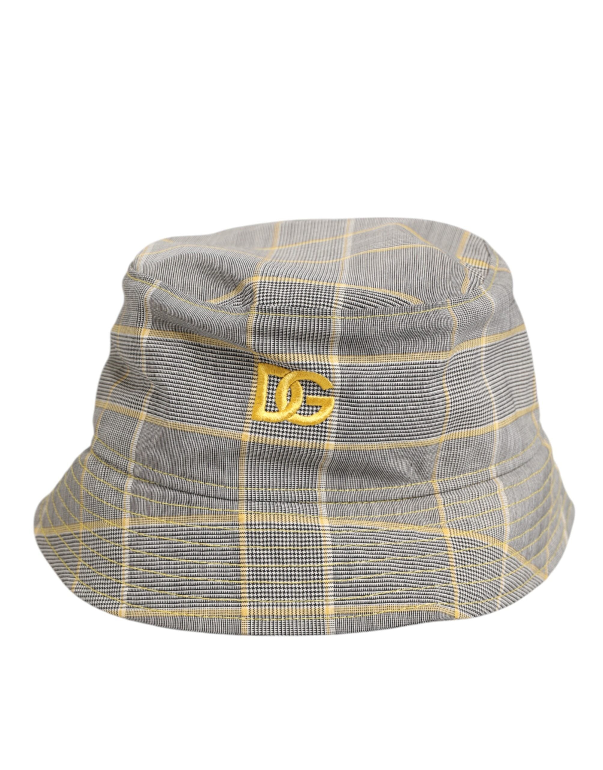 Dolce & Gabbana Grau Gelb Wolle Blend Plaid Bucket Cap Männer Hut