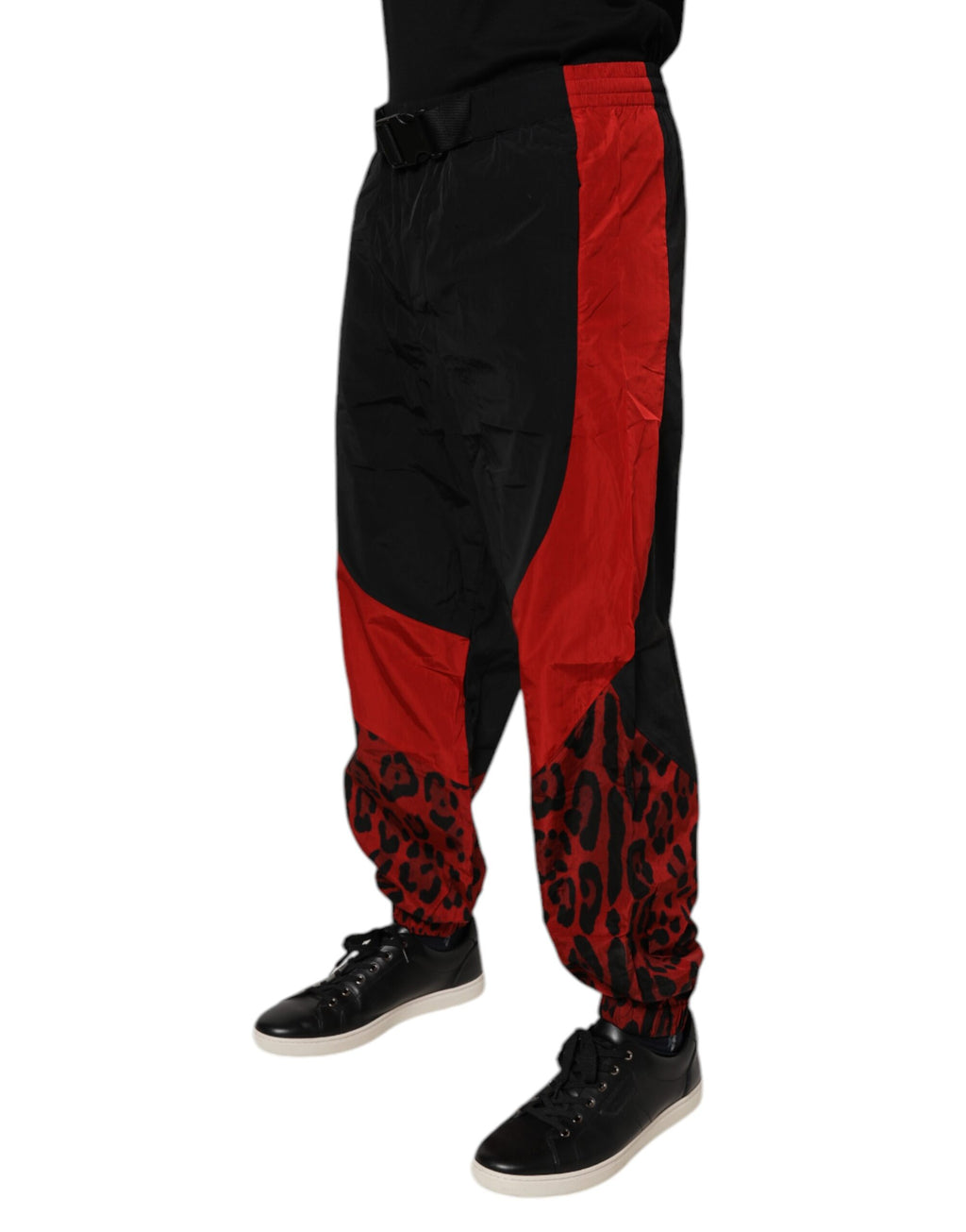 Dolce & Gabbana Schwarz-Rot Leopard Print Nylon Jogger Hose