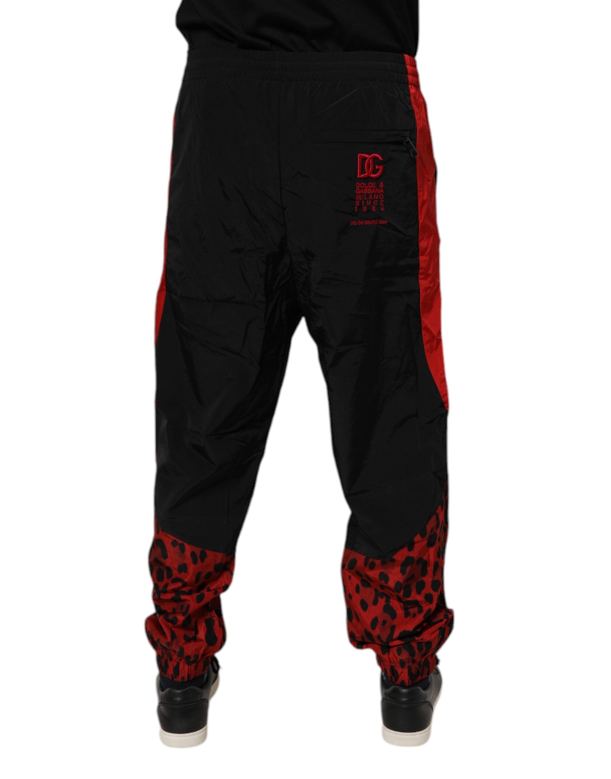 Dolce & Gabbana Schwarz-Rot Leopard Print Nylon Jogger Hose