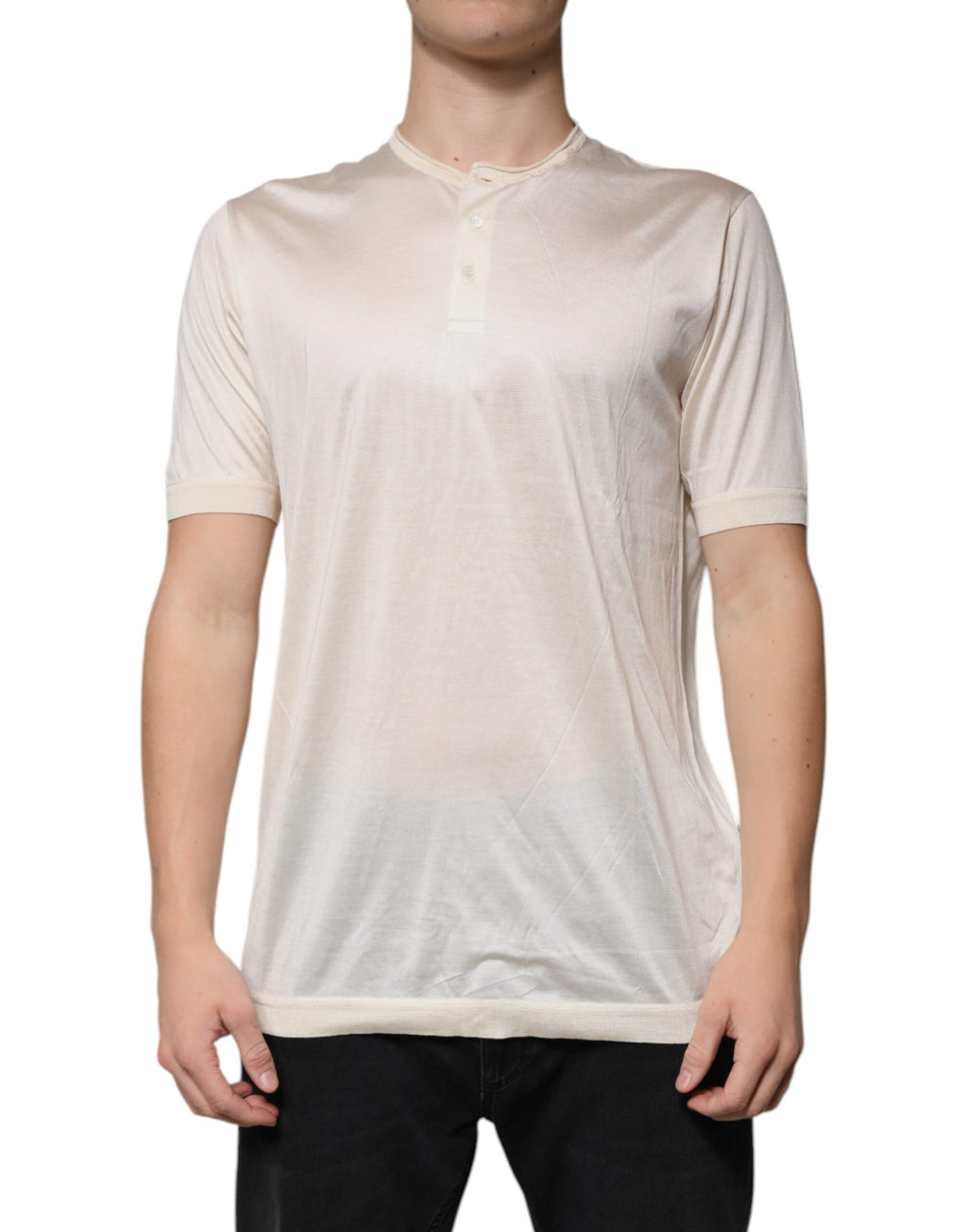 Dolce & Gabbana Off White Silk Henley T-Shirt mit kurzen Ärmeln