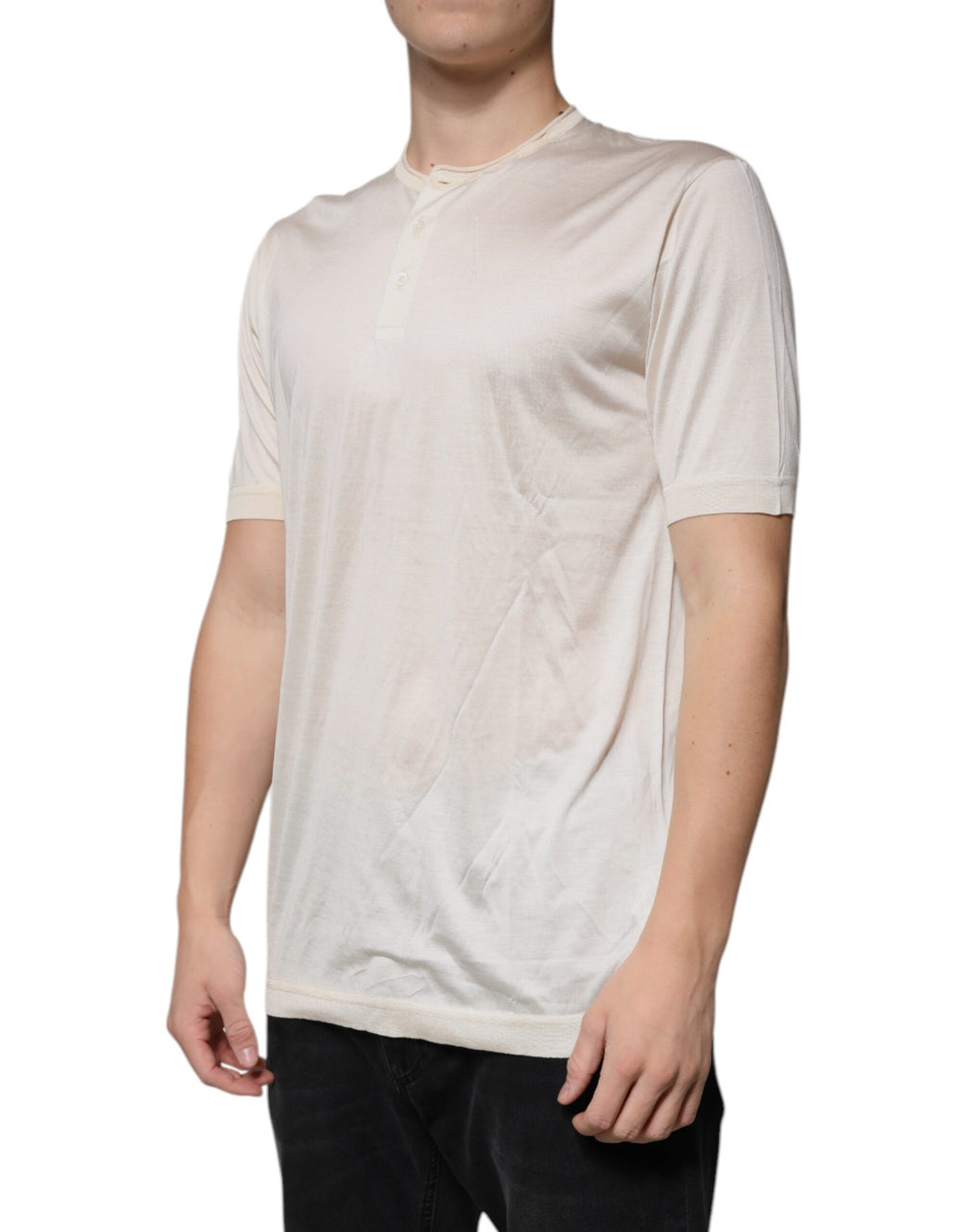 Dolce & Gabbana Off White Silk Henley T-Shirt mit kurzen Ärmeln