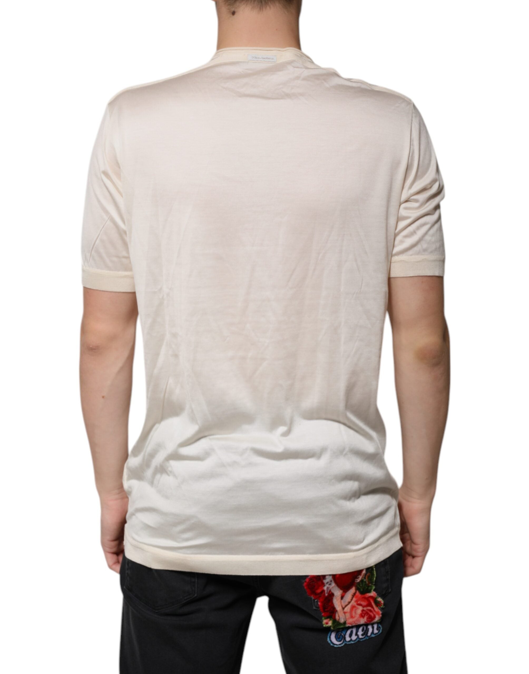 Dolce & Gabbana Off White Silk Henley T-Shirt mit kurzen Ärmeln