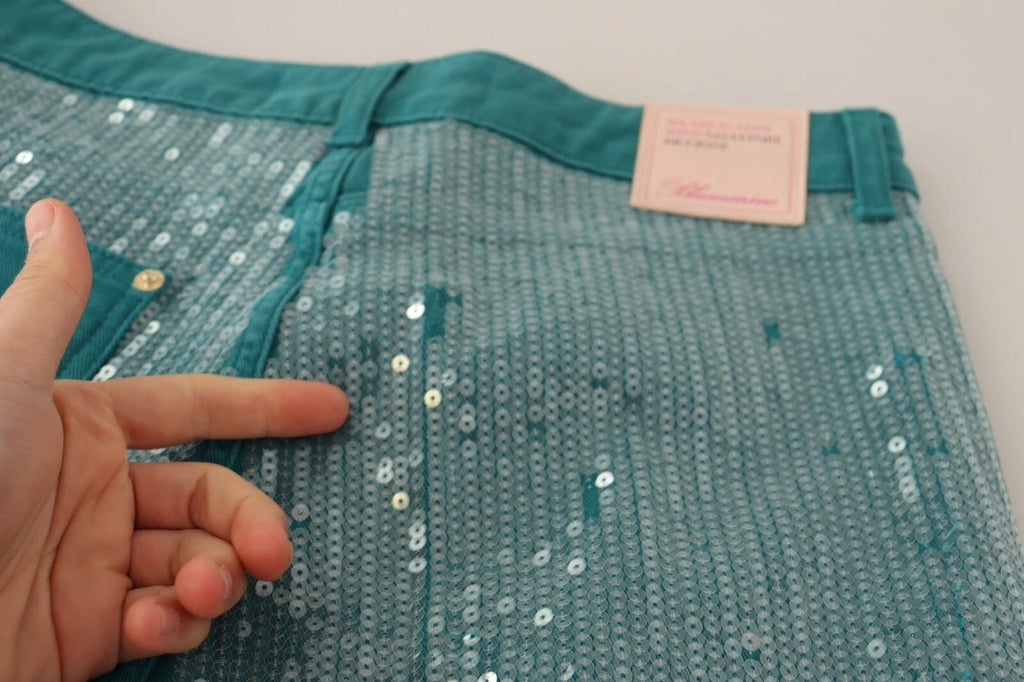 Blumarine Kadettblaue Paillettenhose mit niedriger Taille und geteilter Hose