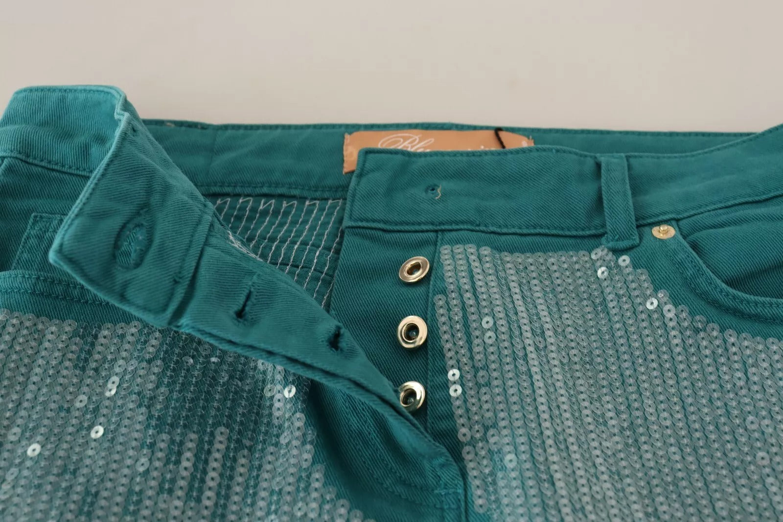 Blumarine Kadettblaue Paillettenhose mit niedriger Taille und geteilter Hose