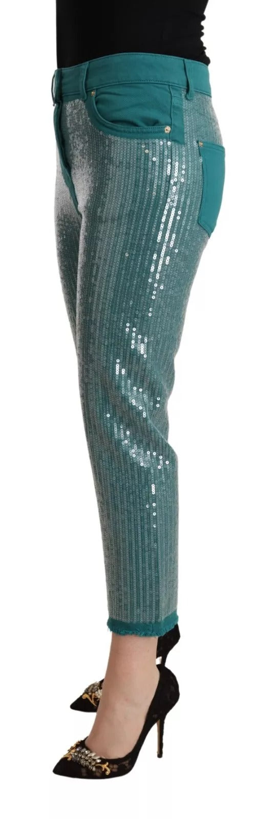 Blumarine Kadettblaue Paillettenhose mit niedriger Taille und geteilter Hose