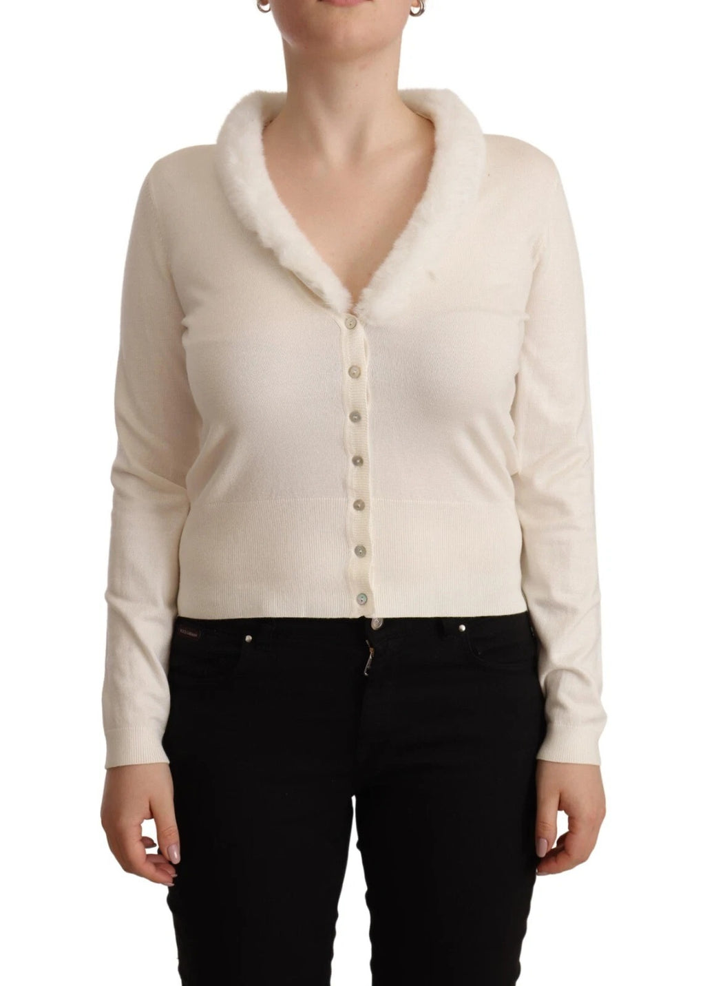 Liu Jo Weiße Viskose Bluse mit langen Ärmeln und Fell-Shearling