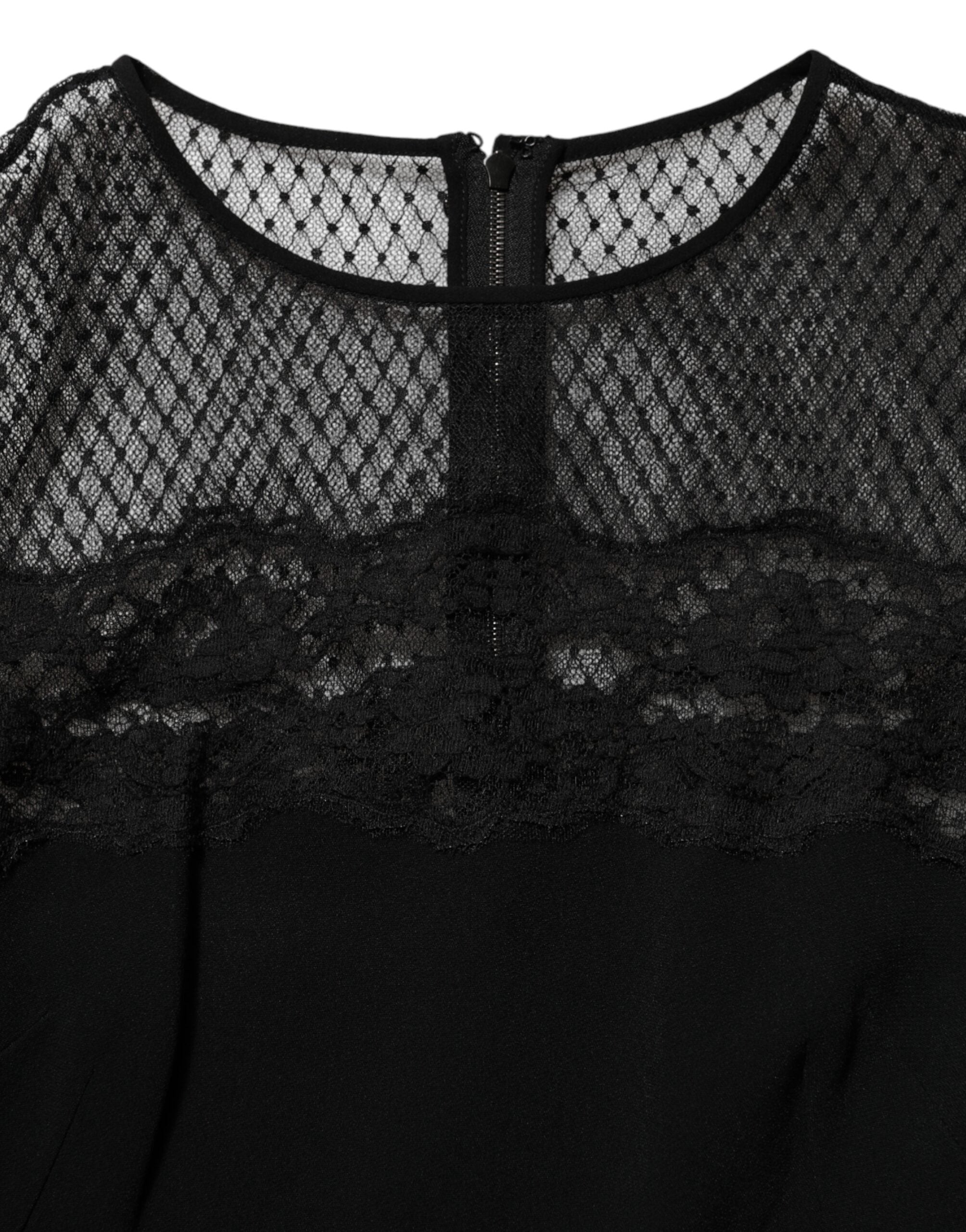 Dolce & Gabbana Schwarzes geblümtes Kleid mit Spitzenbesatz in A-Linie