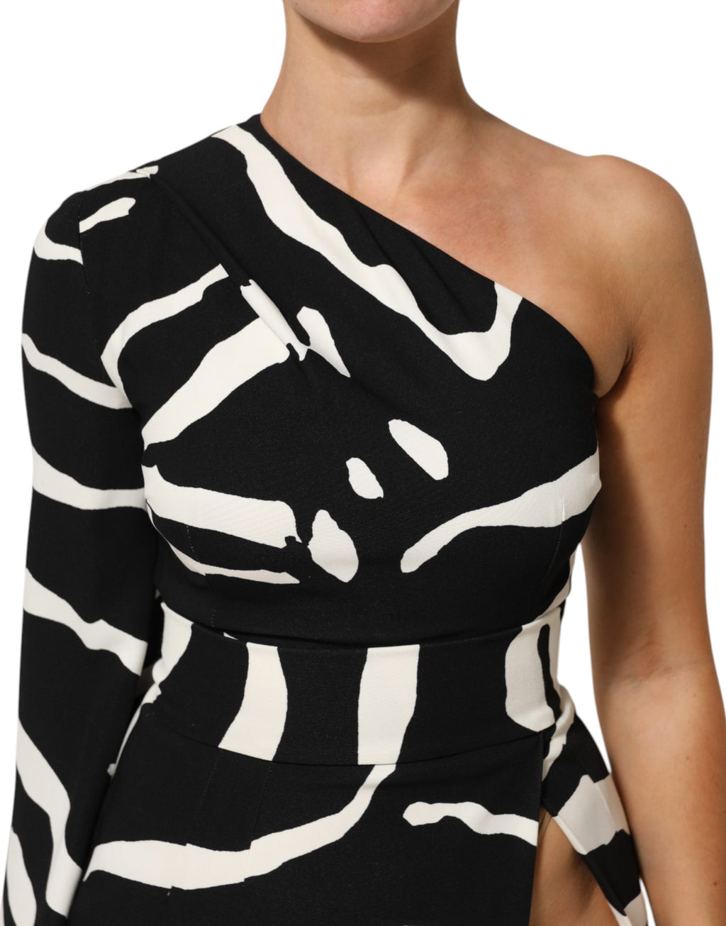 Dolce & Gabbana Schwarzes weißes One-Shoulder-Minikleid mit hohem Schlitz