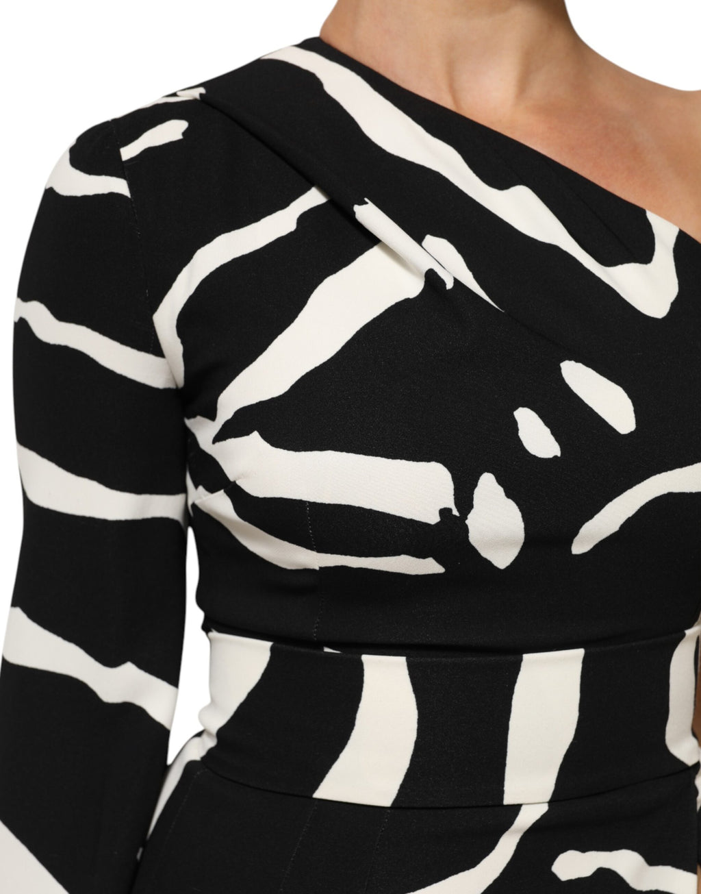 Dolce & Gabbana Schwarzes weißes One-Shoulder-Minikleid mit hohem Schlitz