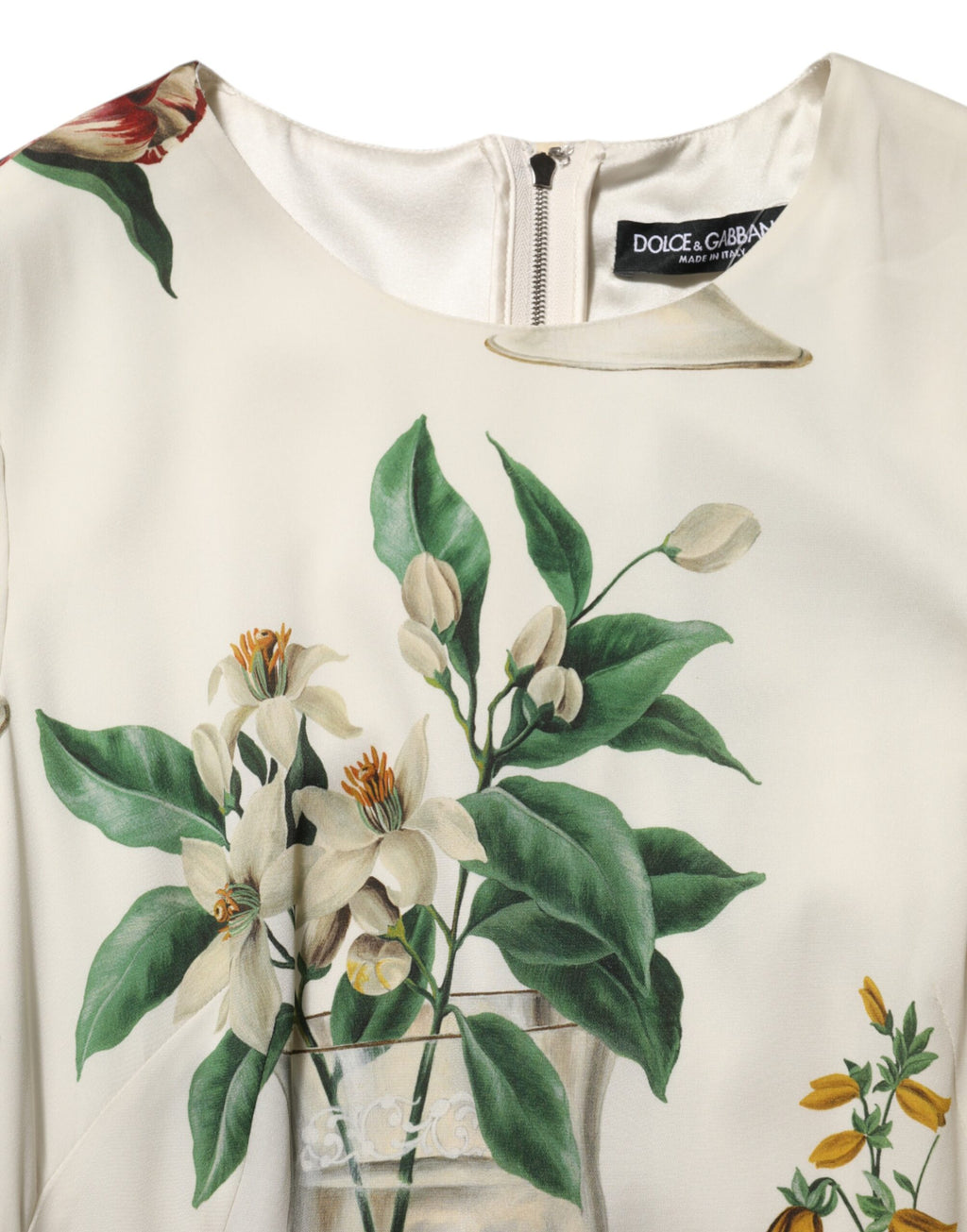 Dolce & Gabbana Weißes Blumenvasen-Seidenmantel-Midikleid