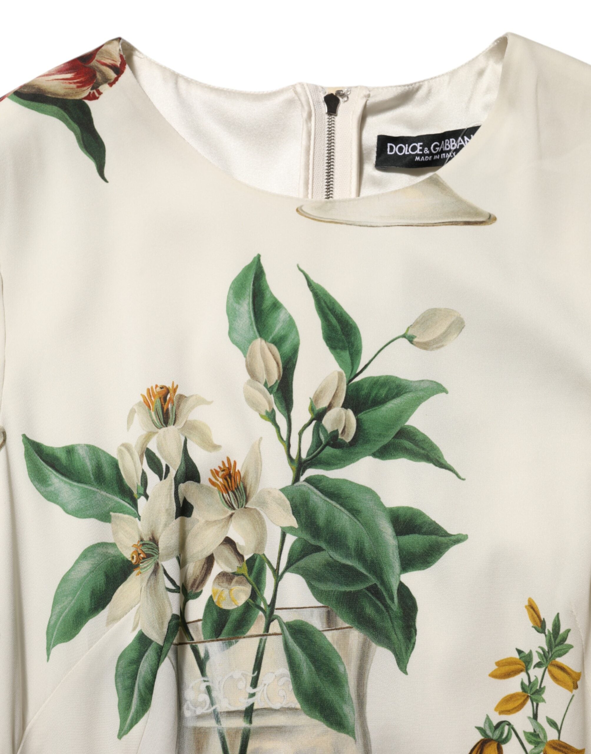 Dolce & Gabbana Weißes Blumenvasen-Seidenmantel-Midikleid