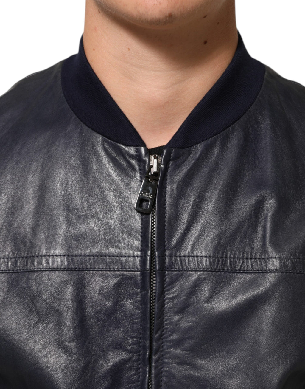 Dolce & Gabbana Blaue Biker-Blousonjacke mit durchgehendem Reißverschluss aus Leder