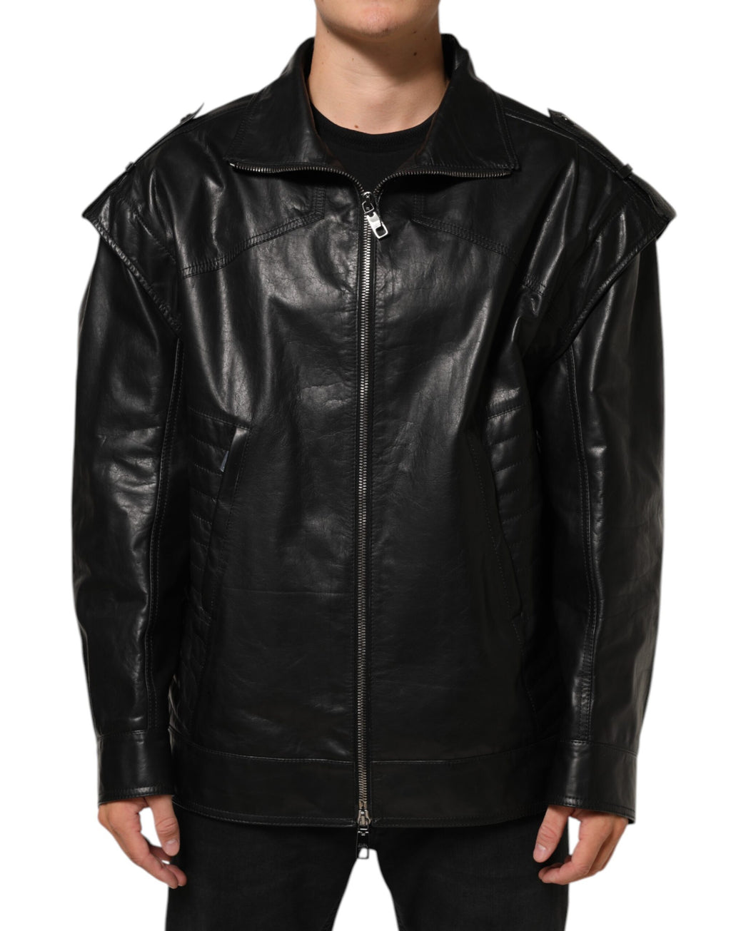 Dolce & Gabbana Schwarze Biker-Blouson-Jacke mit durchgehendem Reißverschluss aus Leder