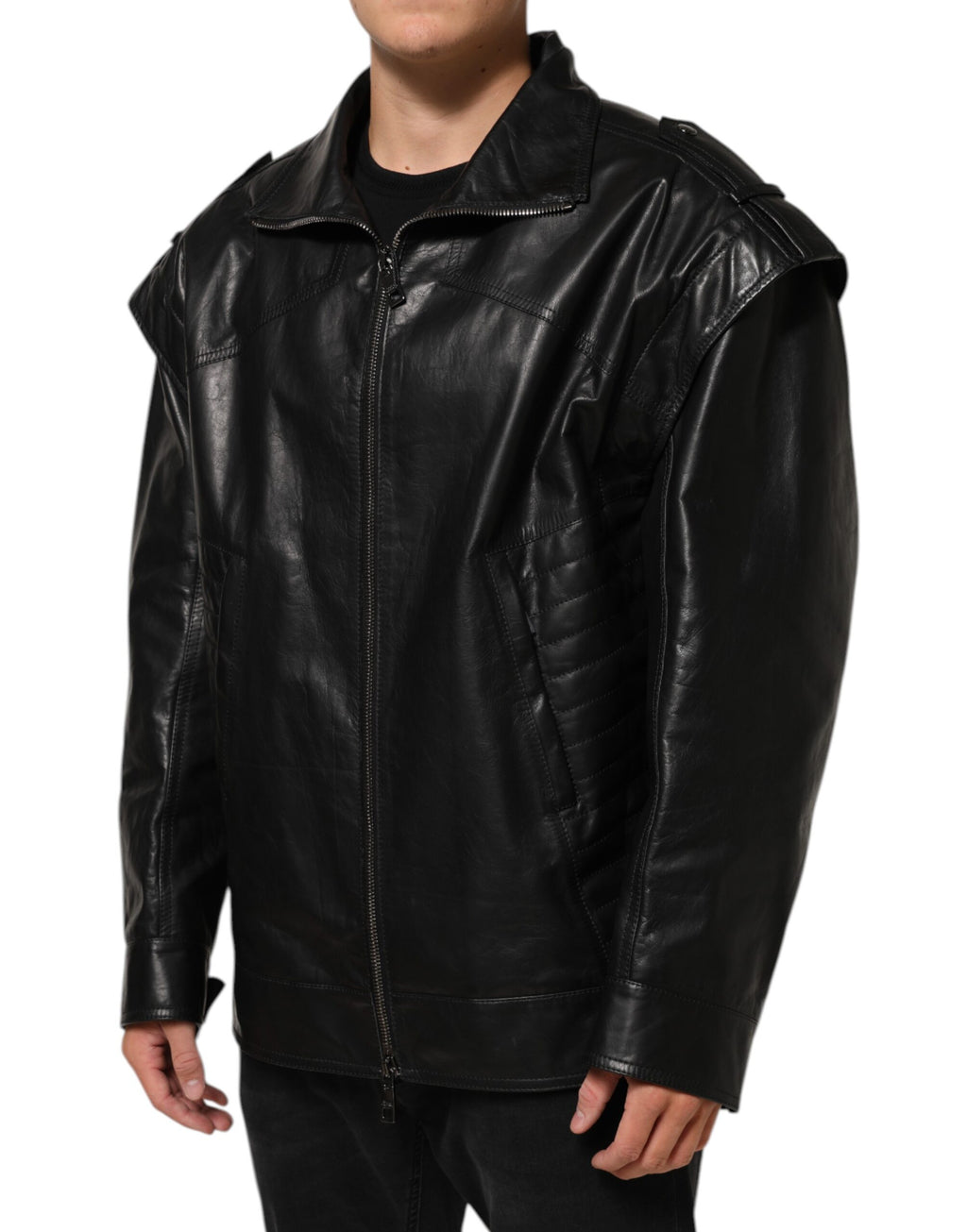 Dolce & Gabbana Schwarze Biker-Blouson-Jacke mit durchgehendem Reißverschluss aus Leder