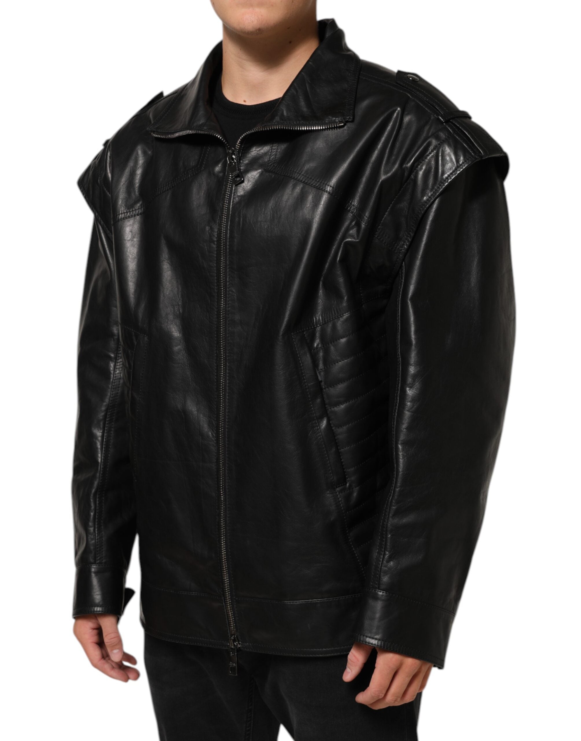 Dolce & Gabbana Schwarze Biker-Blouson-Jacke mit durchgehendem Reißverschluss aus Leder
