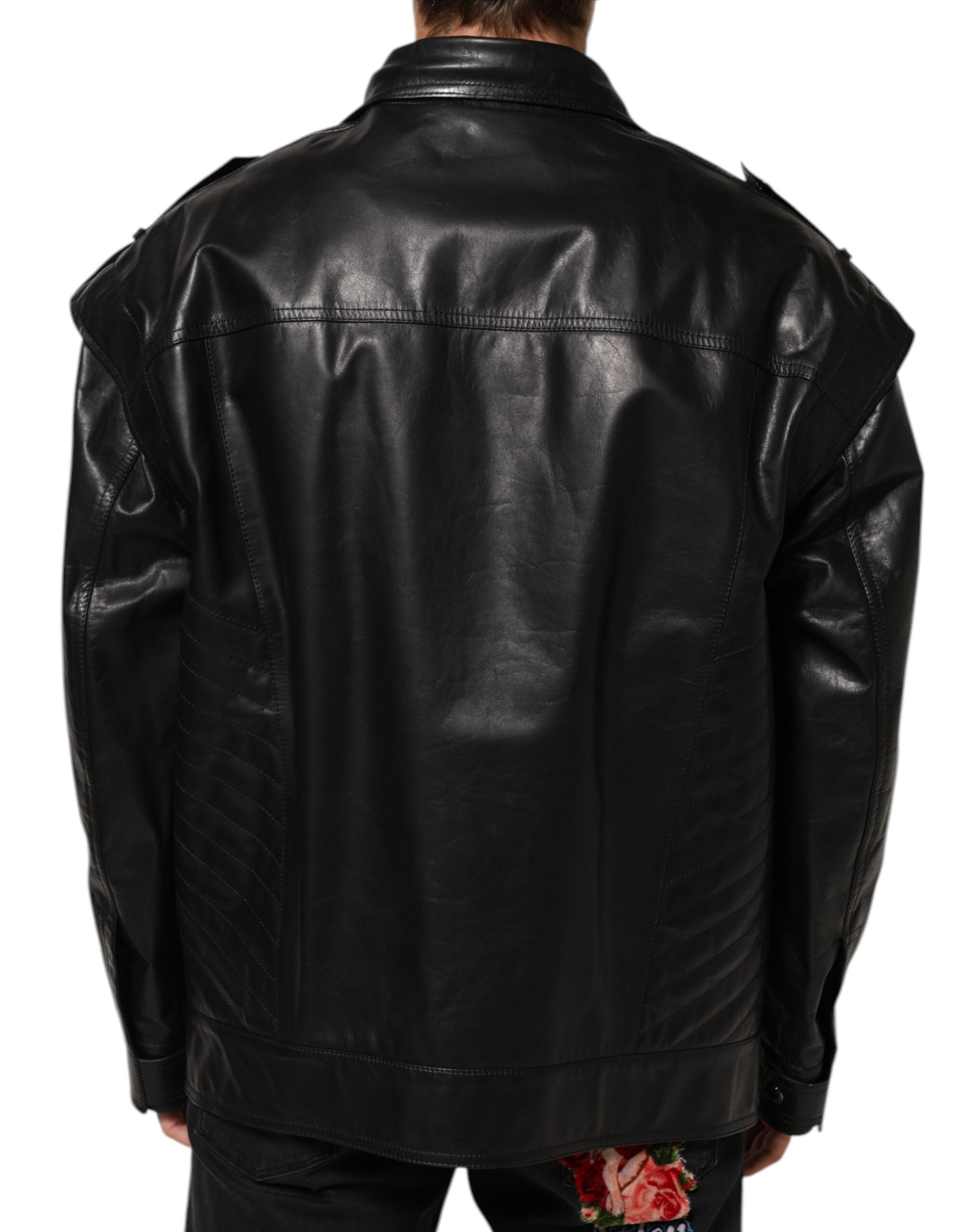 Dolce & Gabbana Schwarze Biker-Blouson-Jacke mit durchgehendem Reißverschluss aus Leder