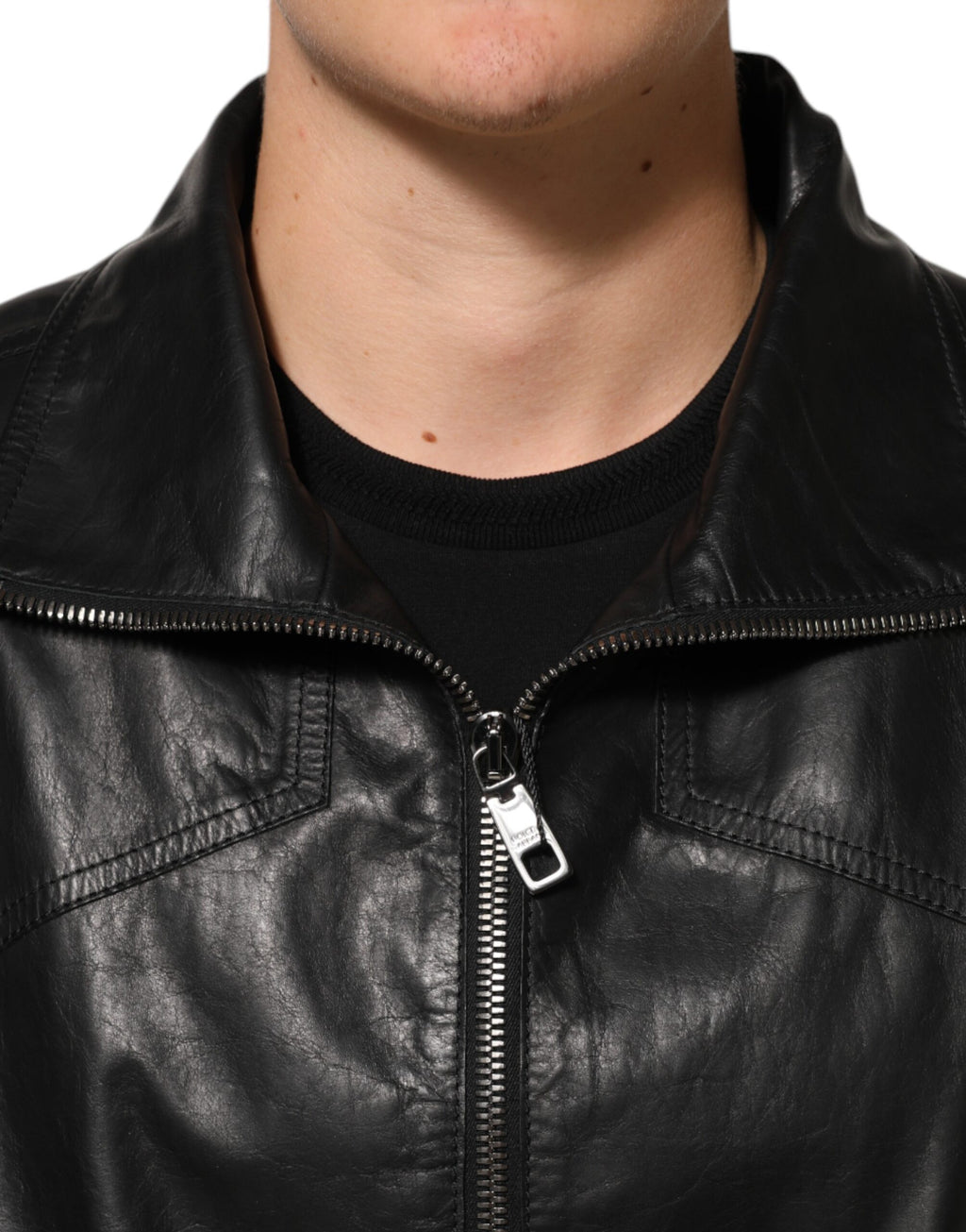 Dolce & Gabbana Schwarze Biker-Blouson-Jacke mit durchgehendem Reißverschluss aus Leder