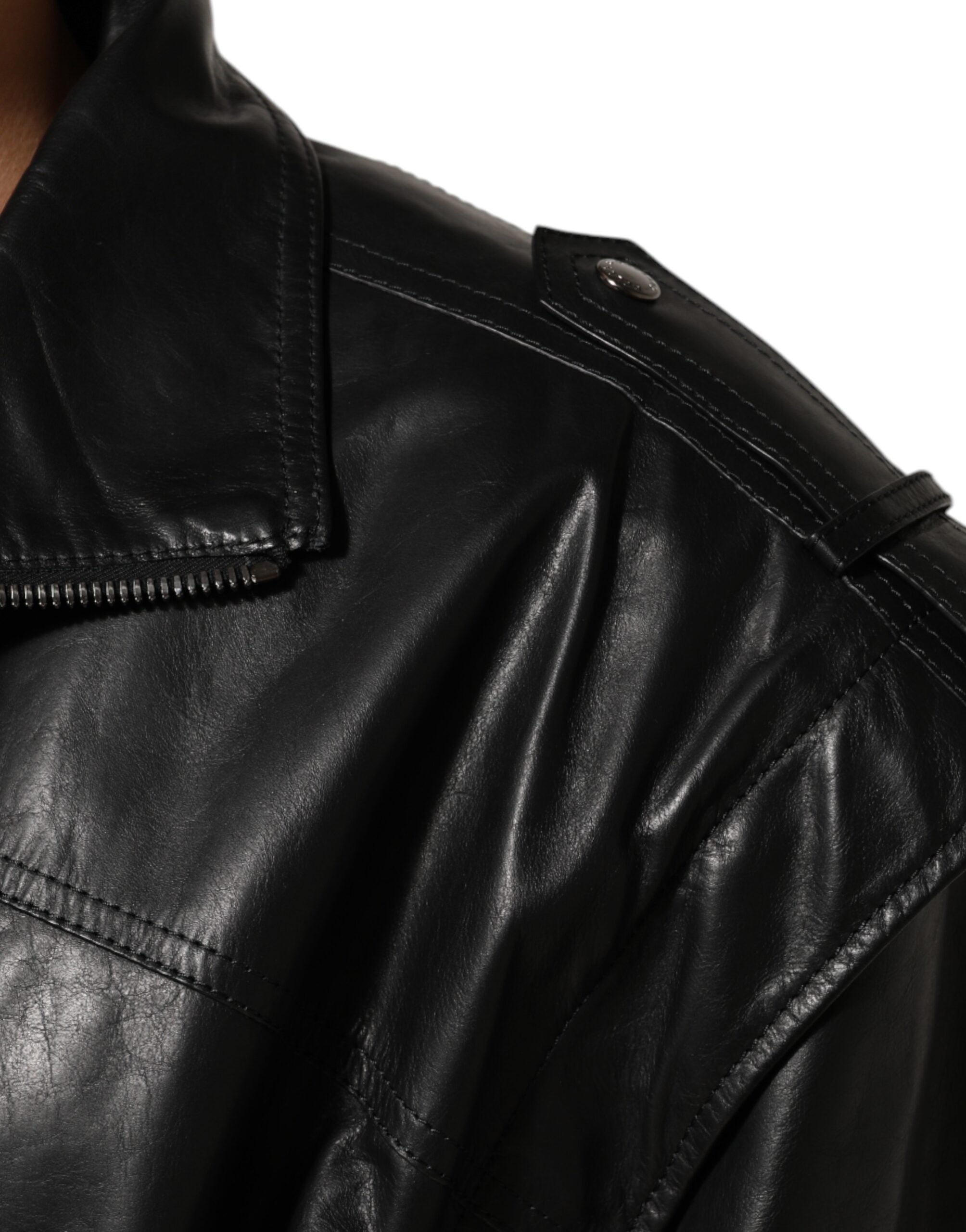 Dolce & Gabbana Schwarze Biker-Blouson-Jacke mit durchgehendem Reißverschluss aus Leder