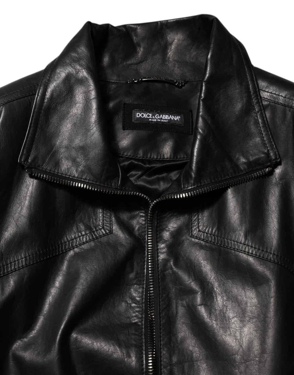 Dolce & Gabbana Schwarze Biker-Blouson-Jacke mit durchgehendem Reißverschluss aus Leder