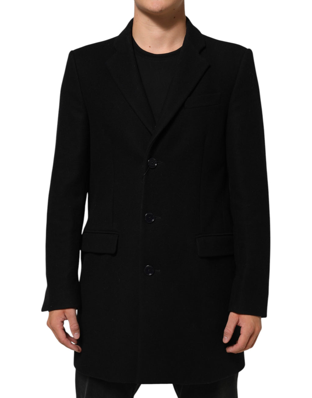 Dolce & Gabbana Schwarzer Wollmantel mit Knöpfen Herren Trenchcoat Jacke