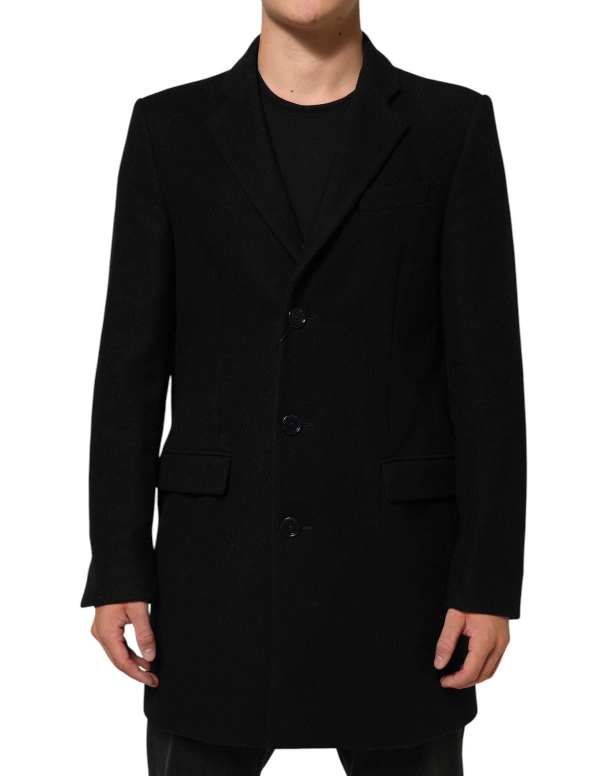 Dolce & Gabbana Schwarzer Wollmantel mit Knöpfen Herren Trenchcoat Jacke