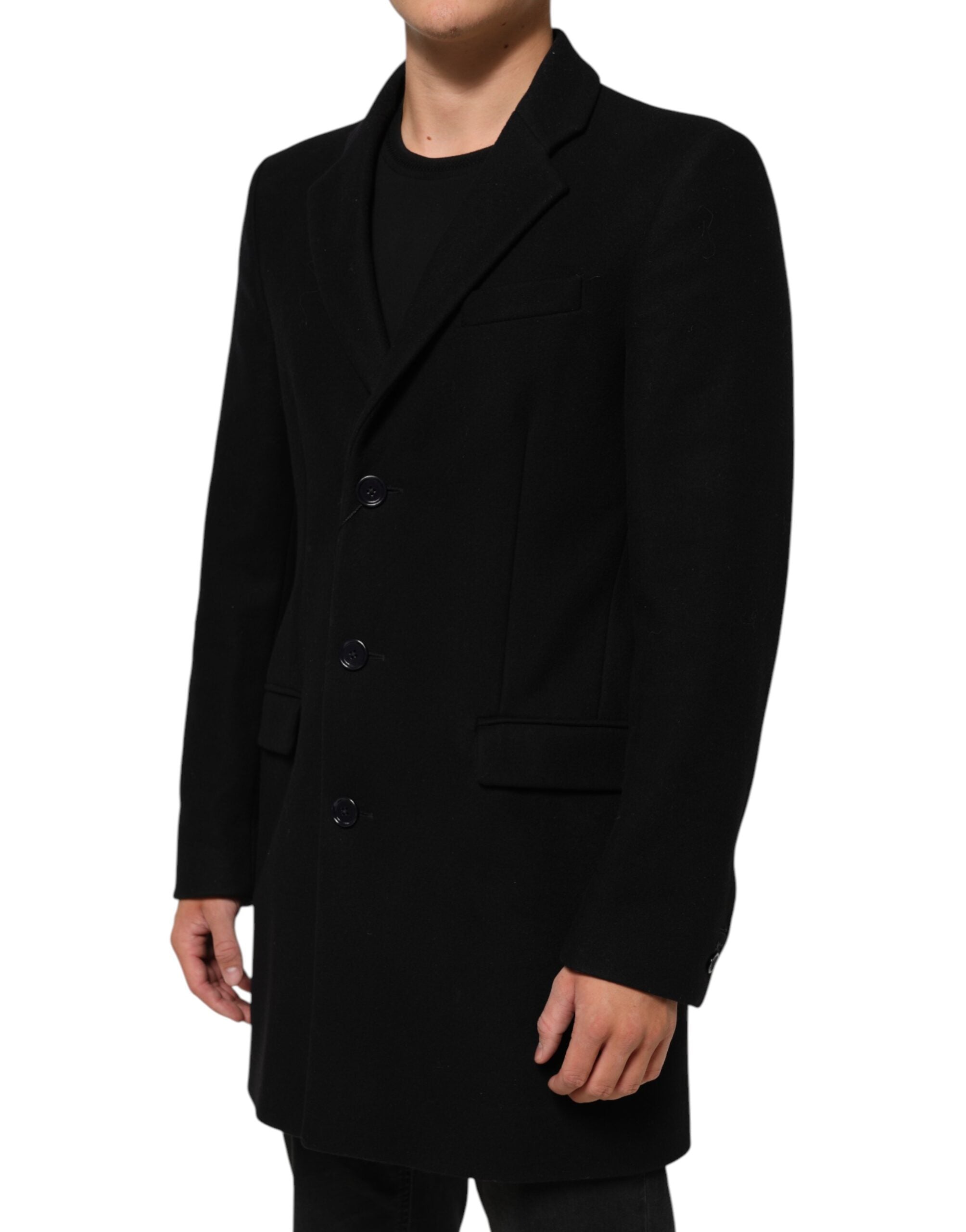 Dolce & Gabbana Schwarzer Wollmantel mit Knöpfen Herren Trenchcoat Jacke