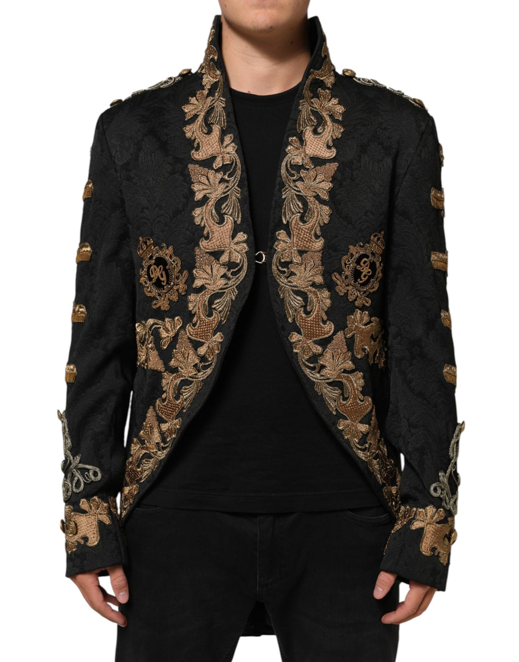 Dolce & Gabbana Schwarzer Brokat Stickerei Männer Mantel Jacke