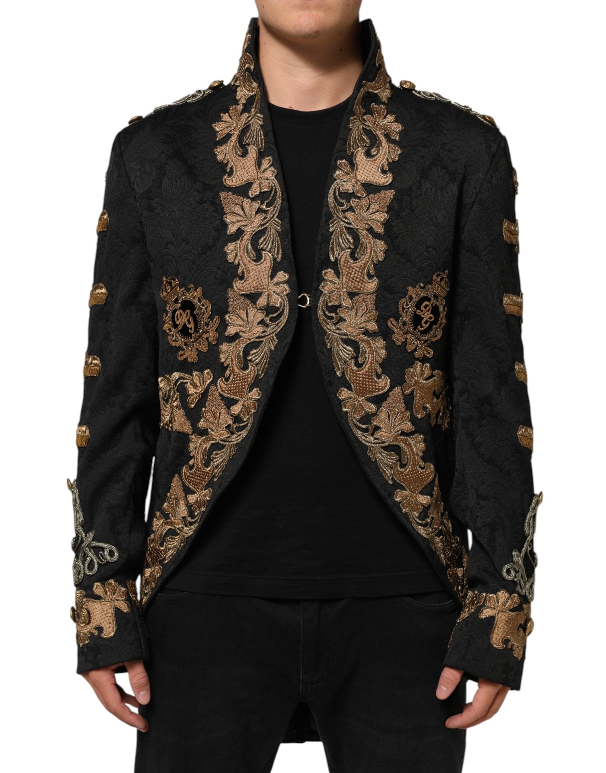 Dolce & Gabbana Schwarzer Brokat Stickerei Männer Mantel Jacke