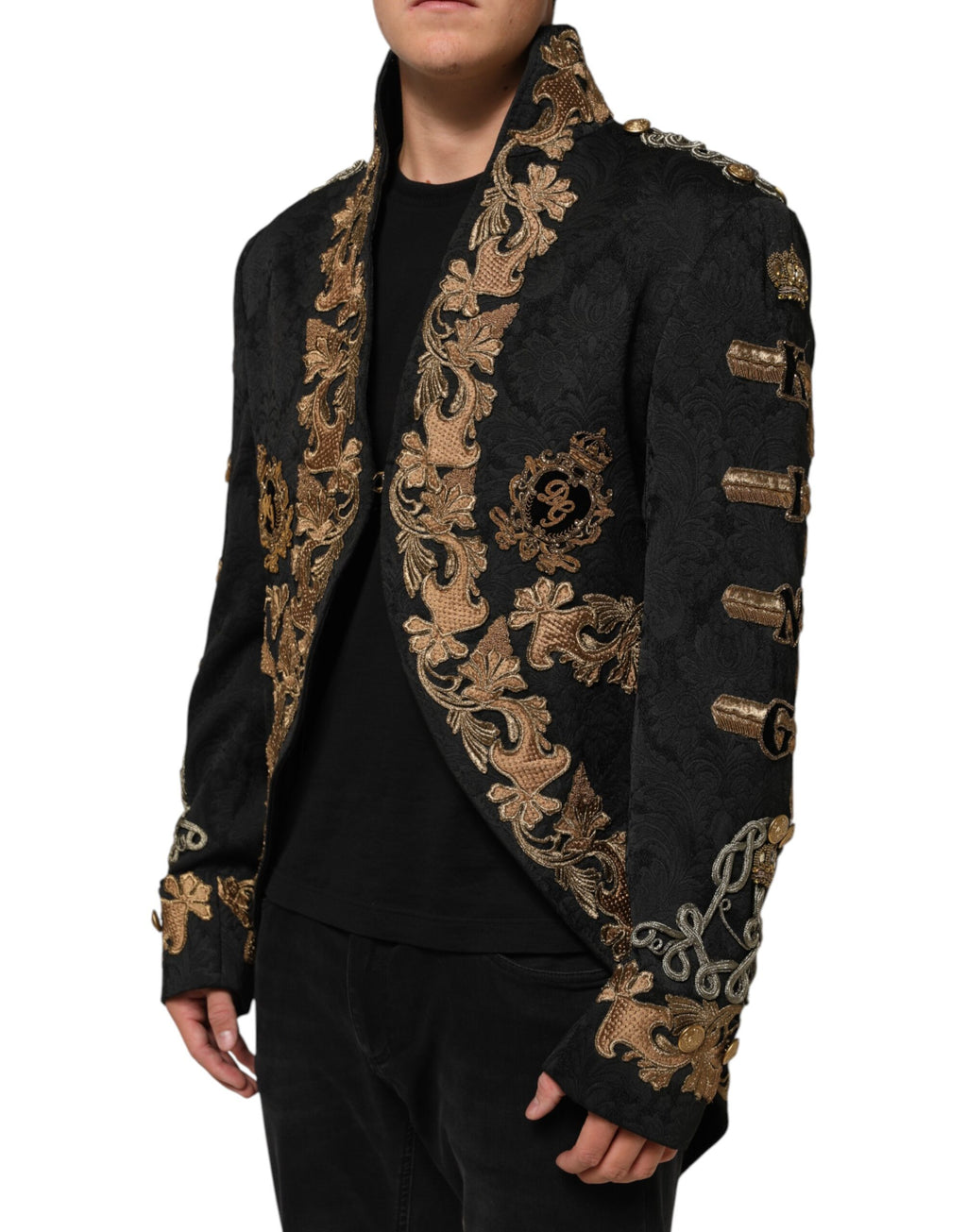 Dolce & Gabbana Schwarzer Brokat Stickerei Männer Mantel Jacke