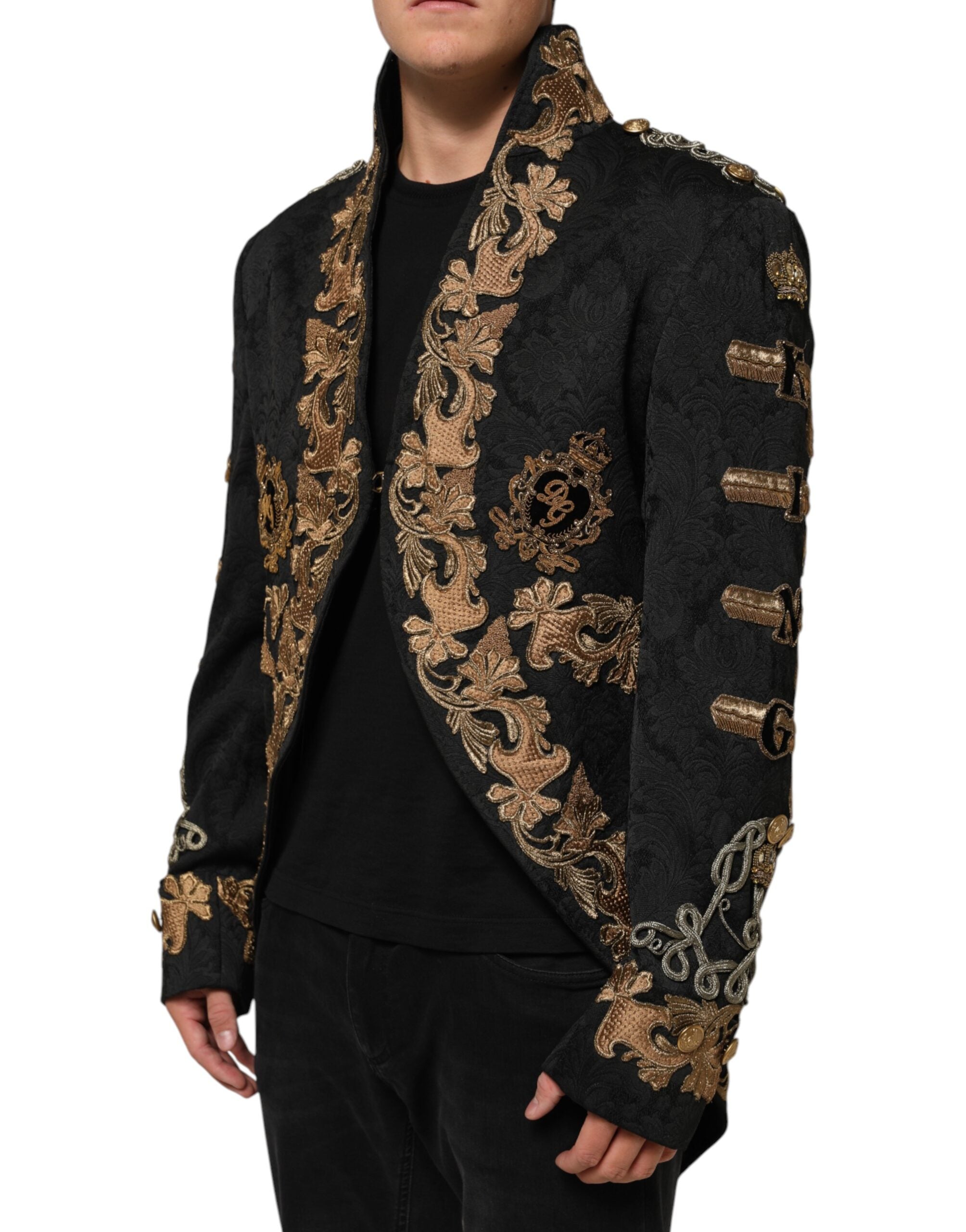 Dolce & Gabbana Schwarzer Brokat Stickerei Männer Mantel Jacke