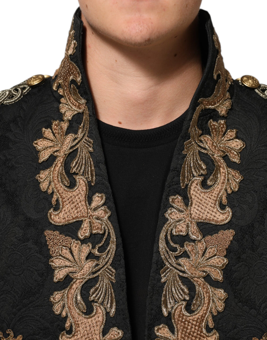 Dolce & Gabbana Schwarzer Brokat Stickerei Männer Mantel Jacke