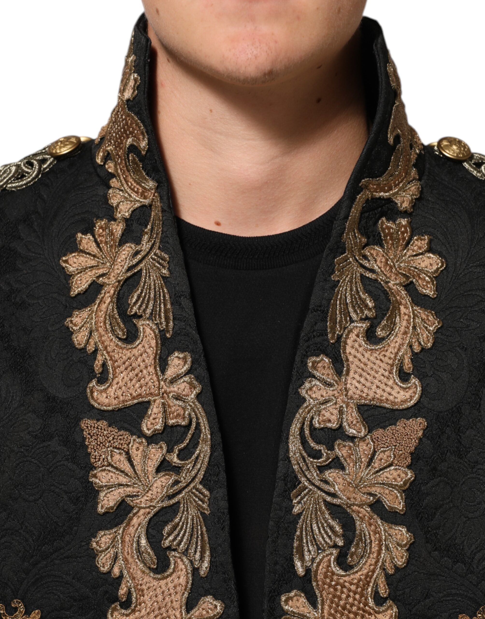 Dolce & Gabbana Schwarzer Brokat Stickerei Männer Mantel Jacke