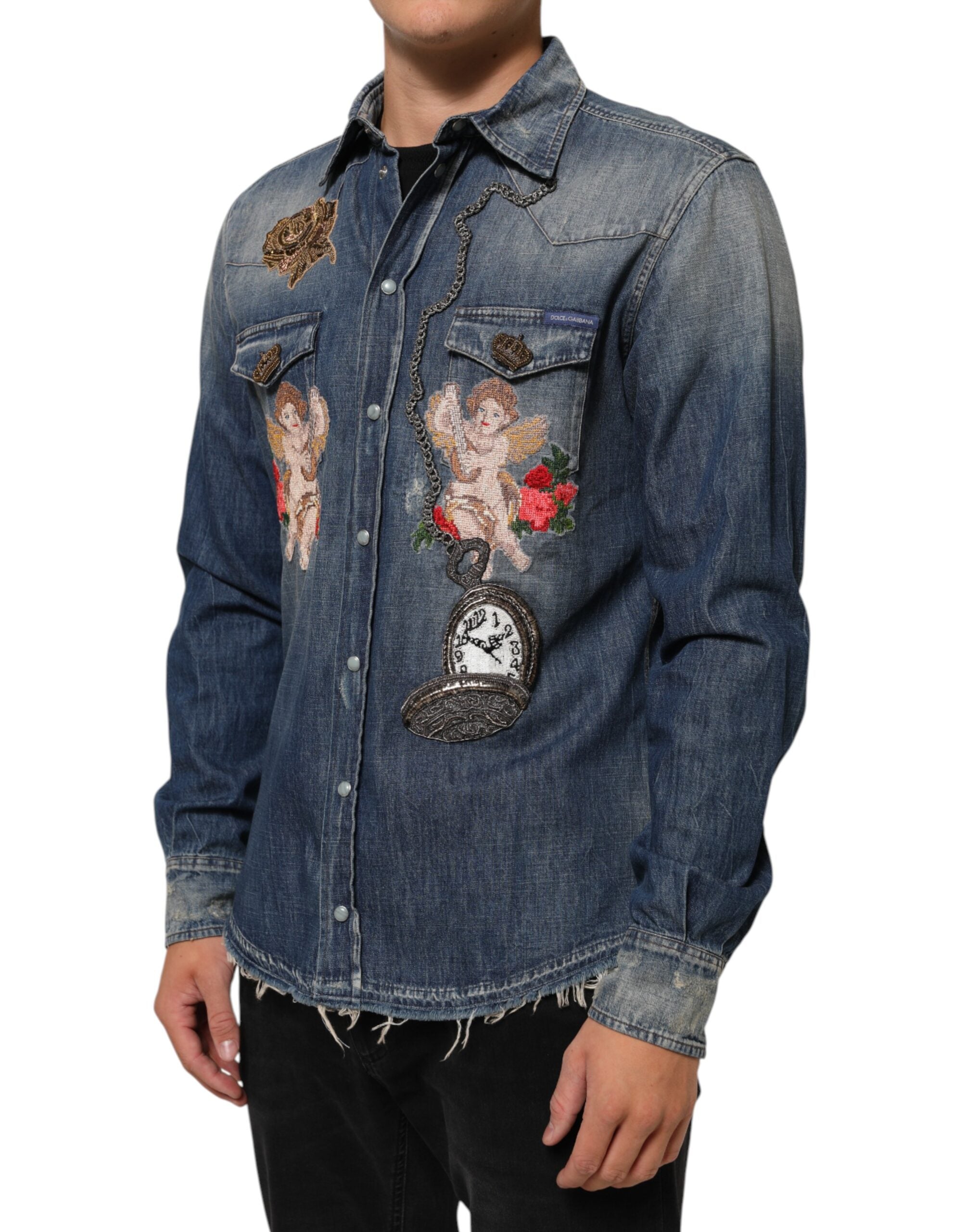 Dolce & Gabbana Blauer Engel Patch Denim geknöpft unten Männer Hemd