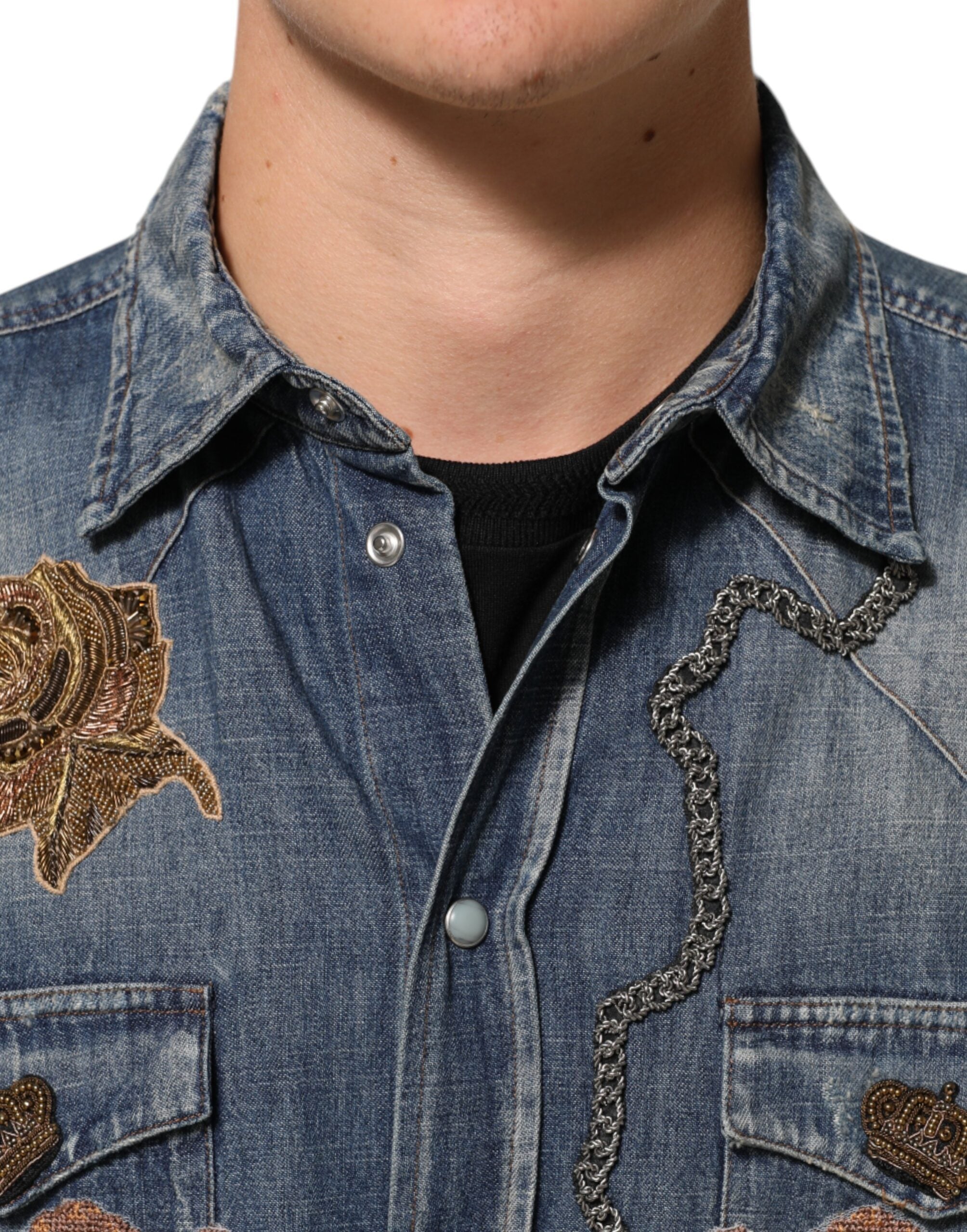 Dolce & Gabbana Blauer Engel Patch Denim geknöpft unten Männer Hemd