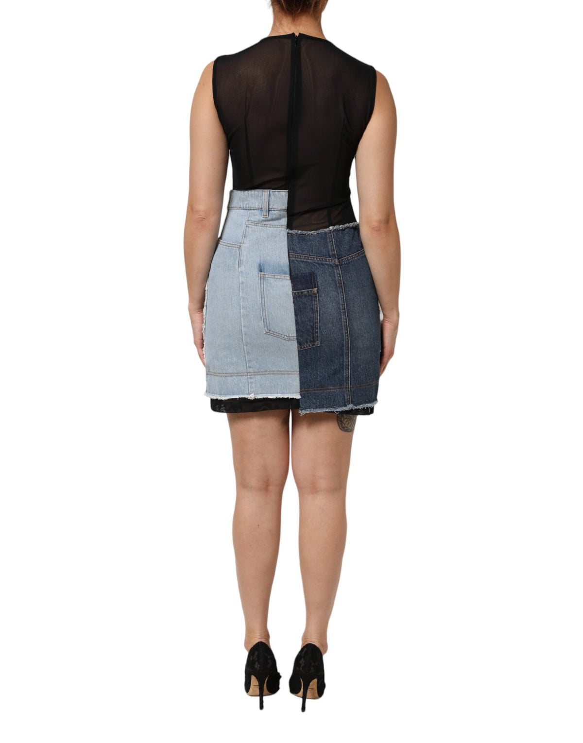 Dolce & Gabbana Blauwe Nylon Patchwork Denim Nauwsluitende Minijurk