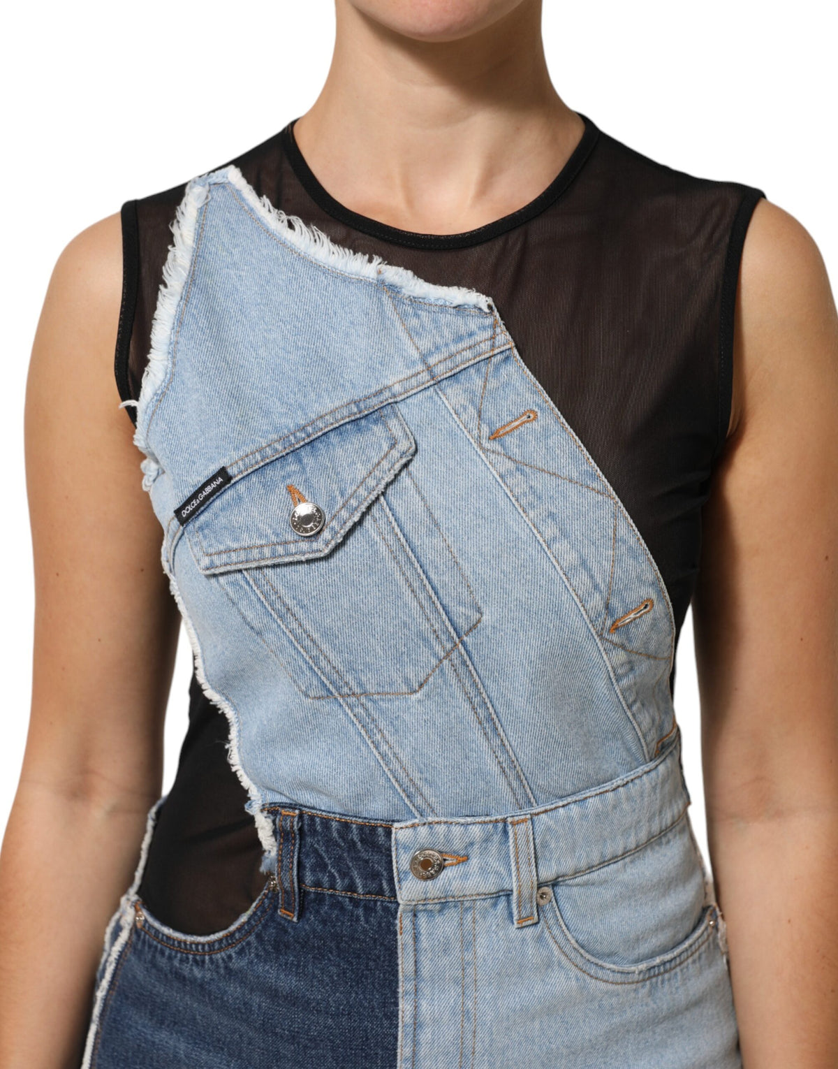 Dolce & Gabbana Blauwe Nylon Patchwork Denim Nauwsluitende Minijurk