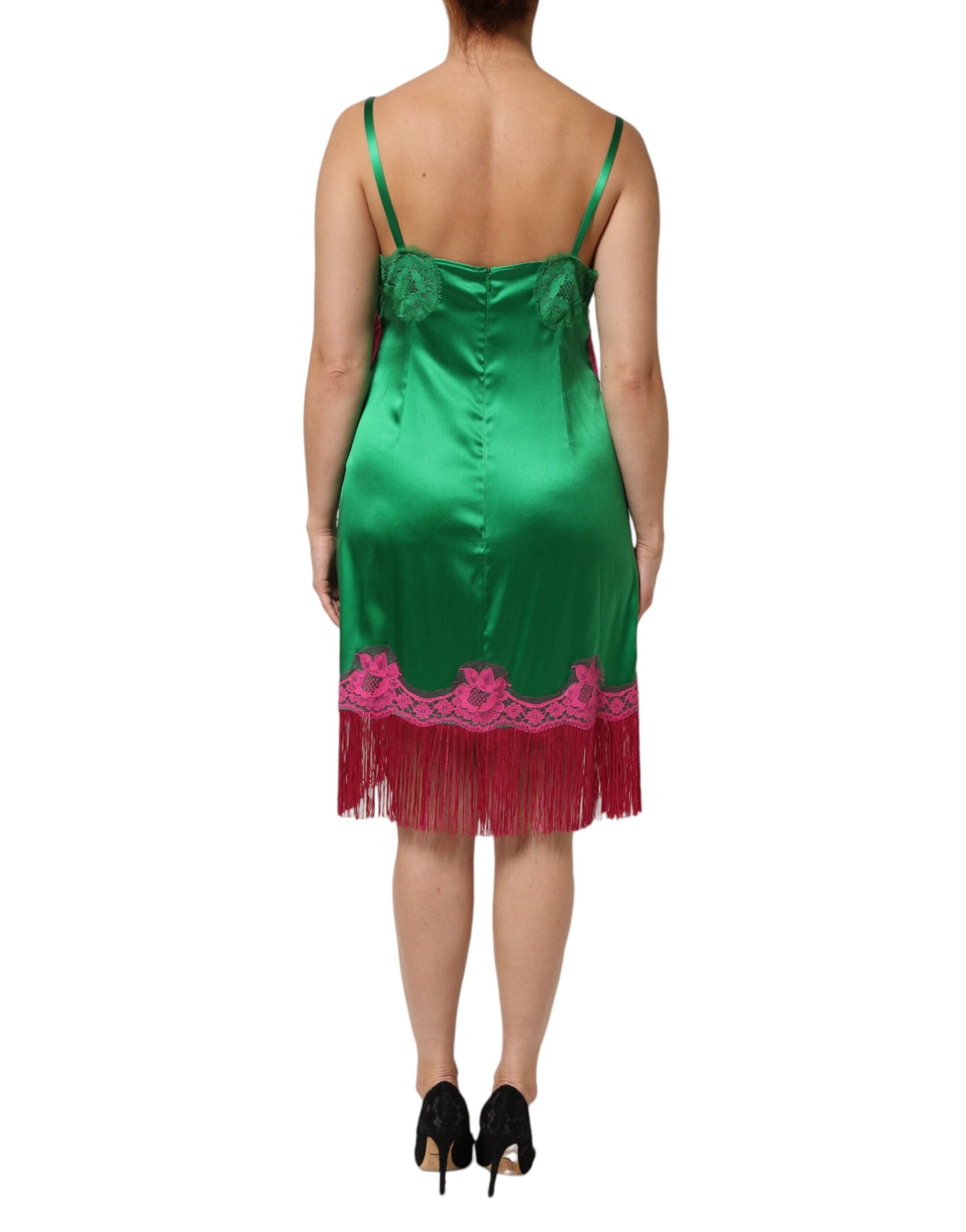 Dolce & Gabbana Grünes Dessouskleid mit floraler Spitze und Fransen