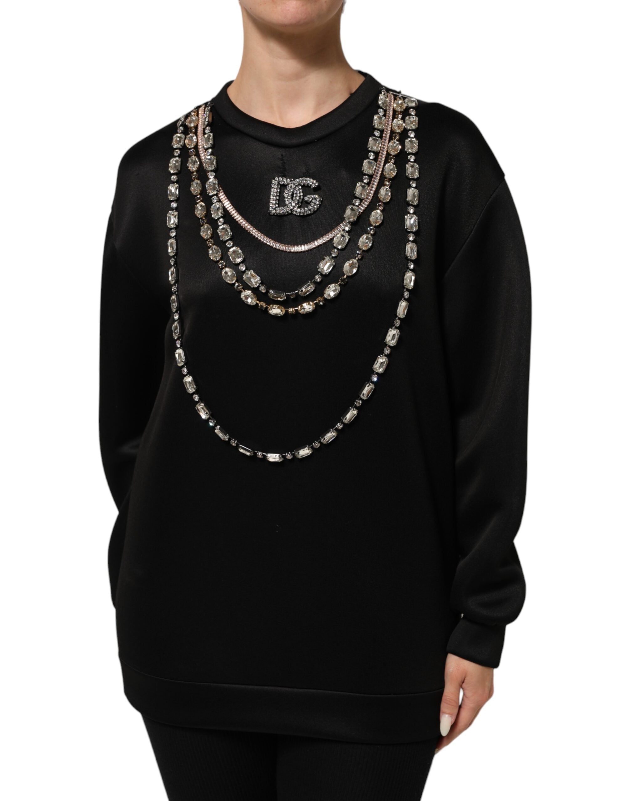 Dolce & Gabbana Schwarzer Kristall DG Halskette Sweatshirt Pullover