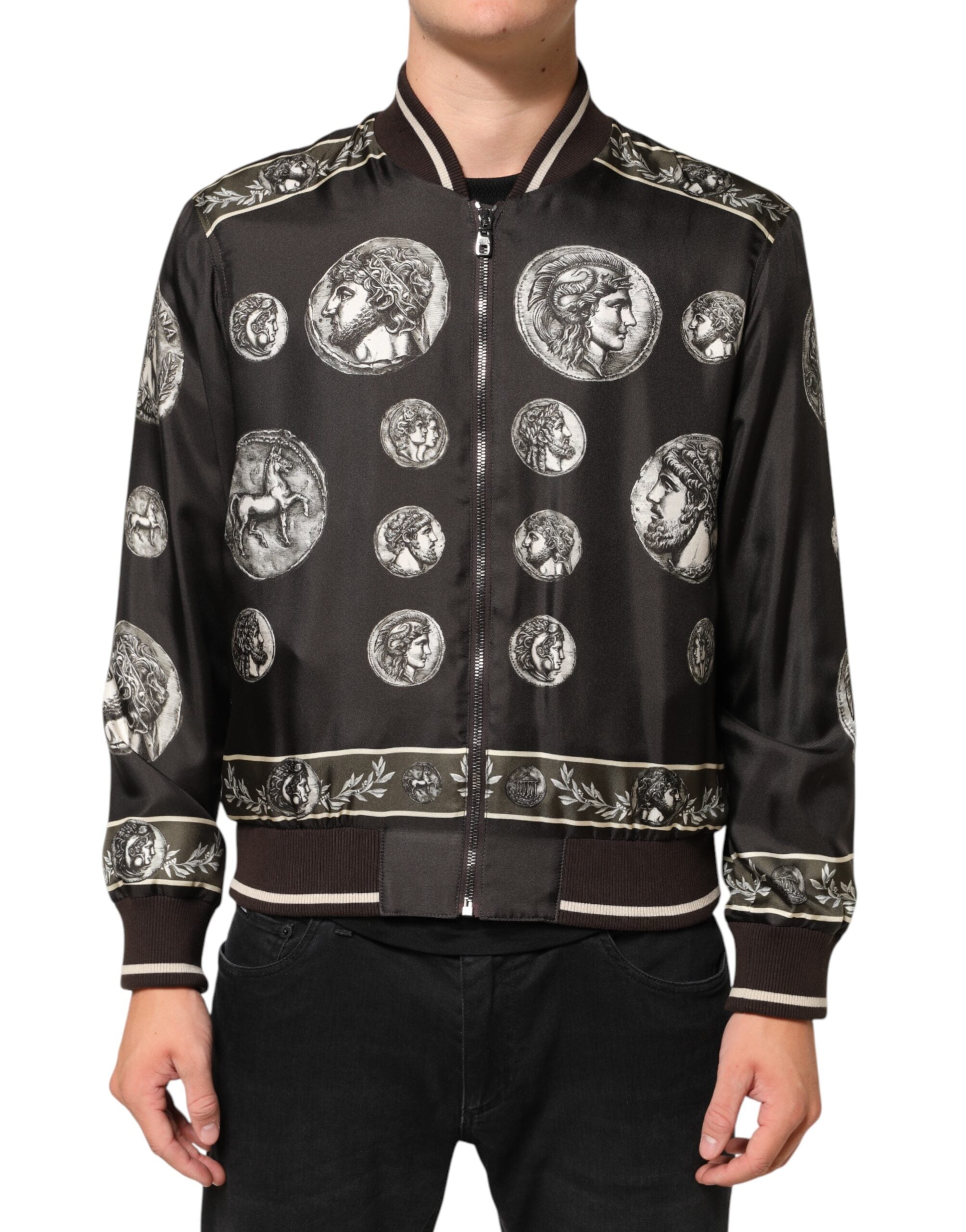 Dolce & Gabbana Schwarze "Monete" Seidenbomberjacke mit Münzdruck