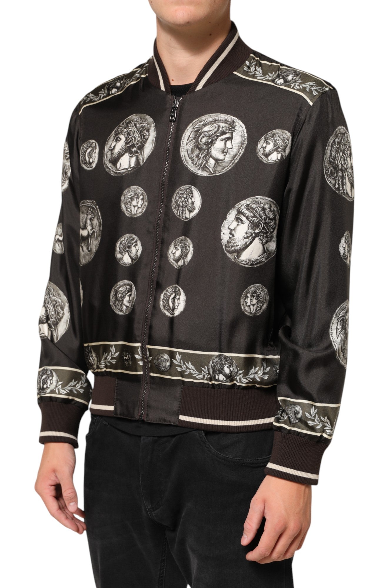 Dolce & Gabbana Schwarze "Monete" Seidenbomberjacke mit Münzdruck