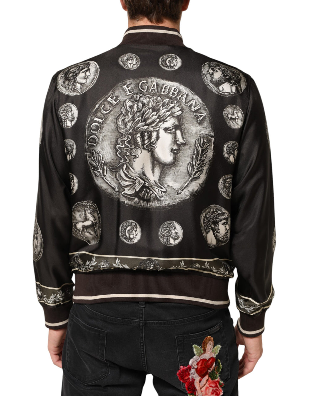 Dolce & Gabbana Schwarze "Monete" Seidenbomberjacke mit Münzdruck
