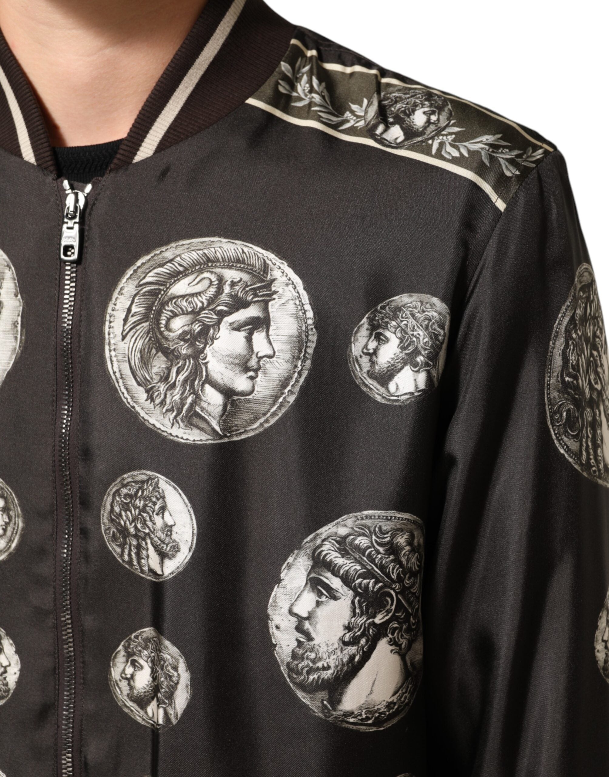 Dolce & Gabbana Schwarze "Monete" Seidenbomberjacke mit Münzdruck