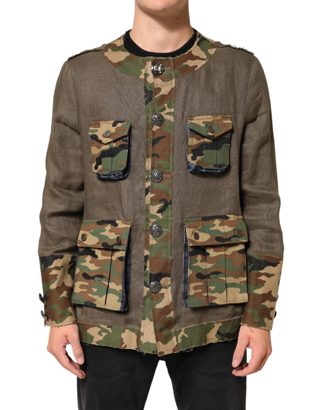 Dolce & Gabbana Braune Camouflage Leinenjacke mit Knopfleiste