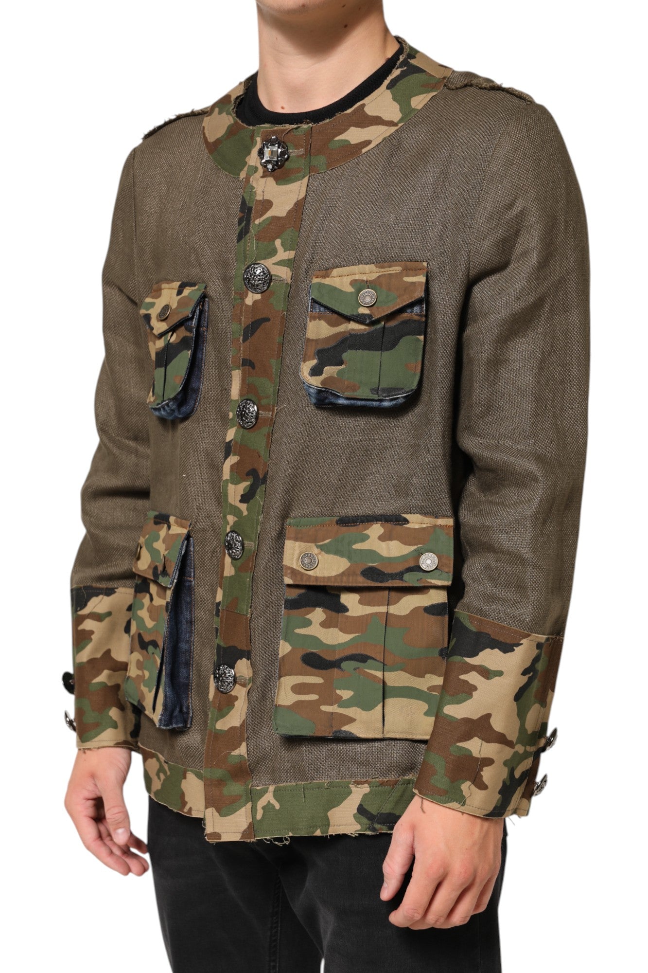 Dolce & Gabbana Braune Camouflage Leinenjacke mit Knopfleiste
