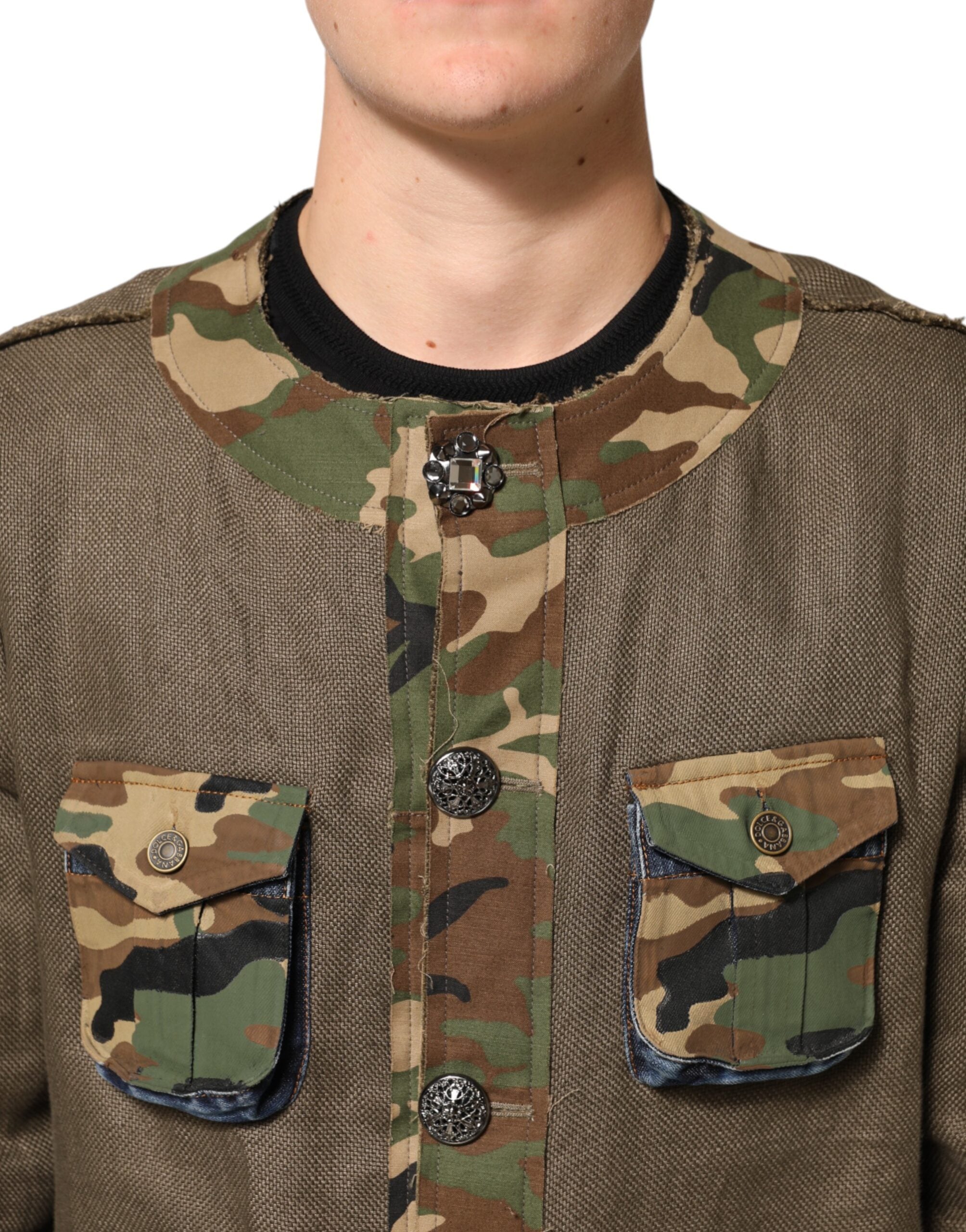 Dolce & Gabbana Braune Camouflage Leinenjacke mit Knopfleiste