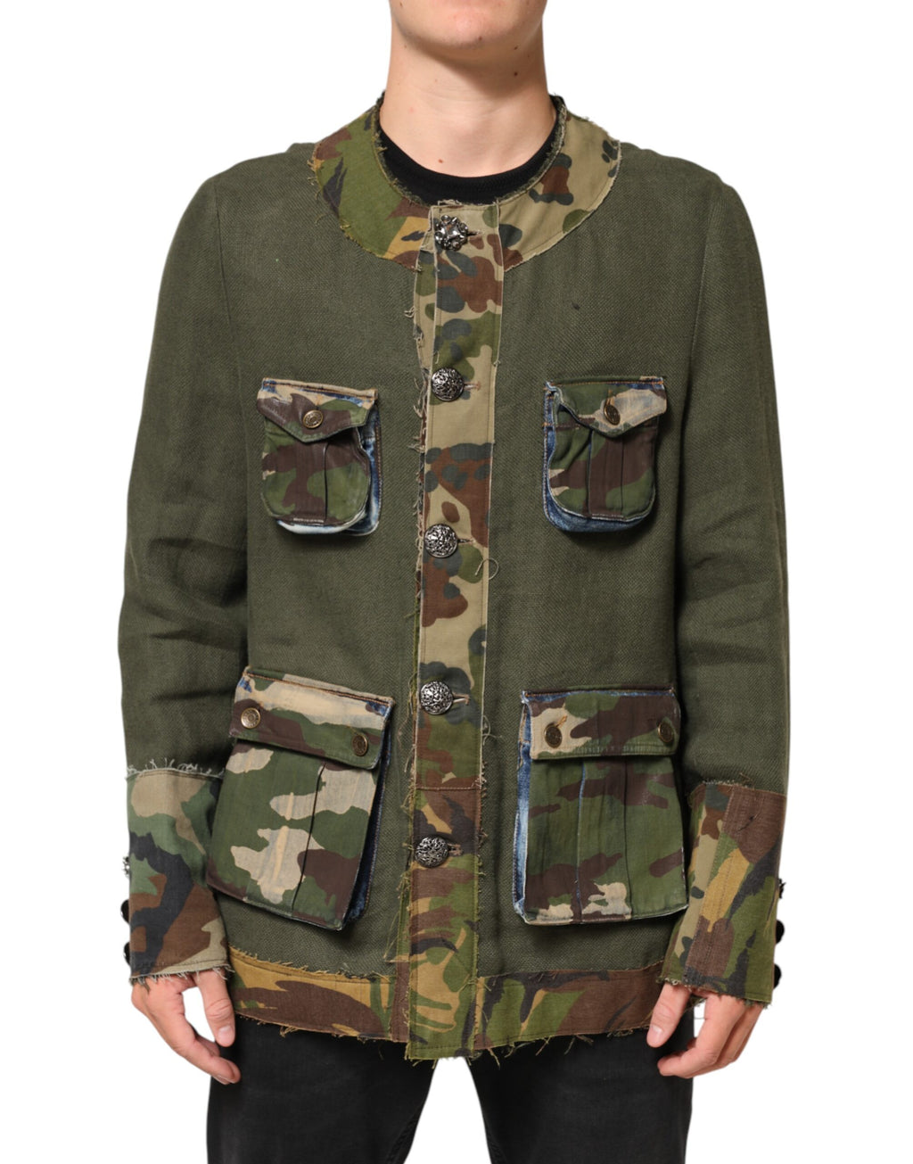 Dolce & Gabbana Braune Camouflage Leinenjacke mit Knopfleiste