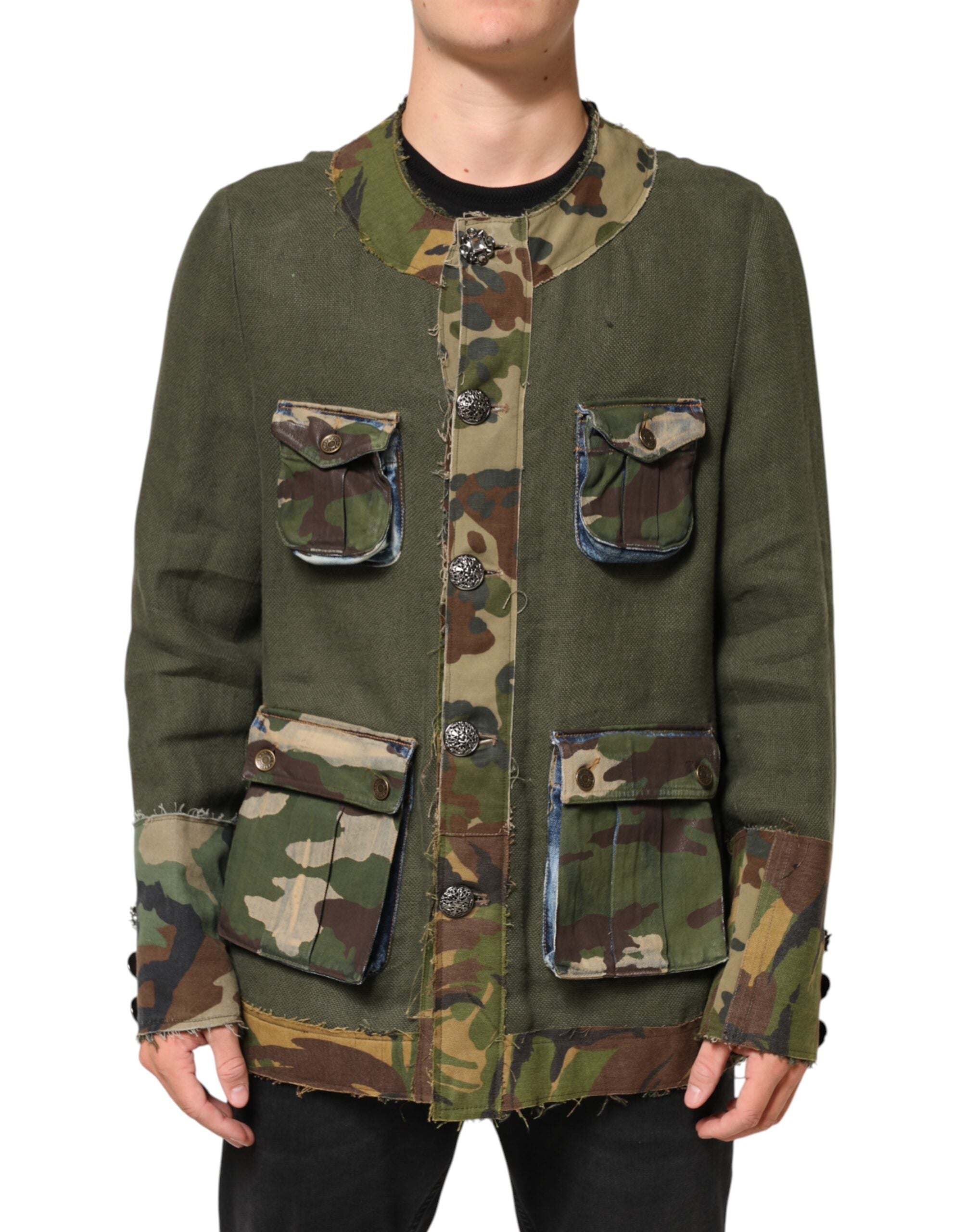 Dolce & Gabbana Braune Camouflage Leinenjacke mit Knopfleiste